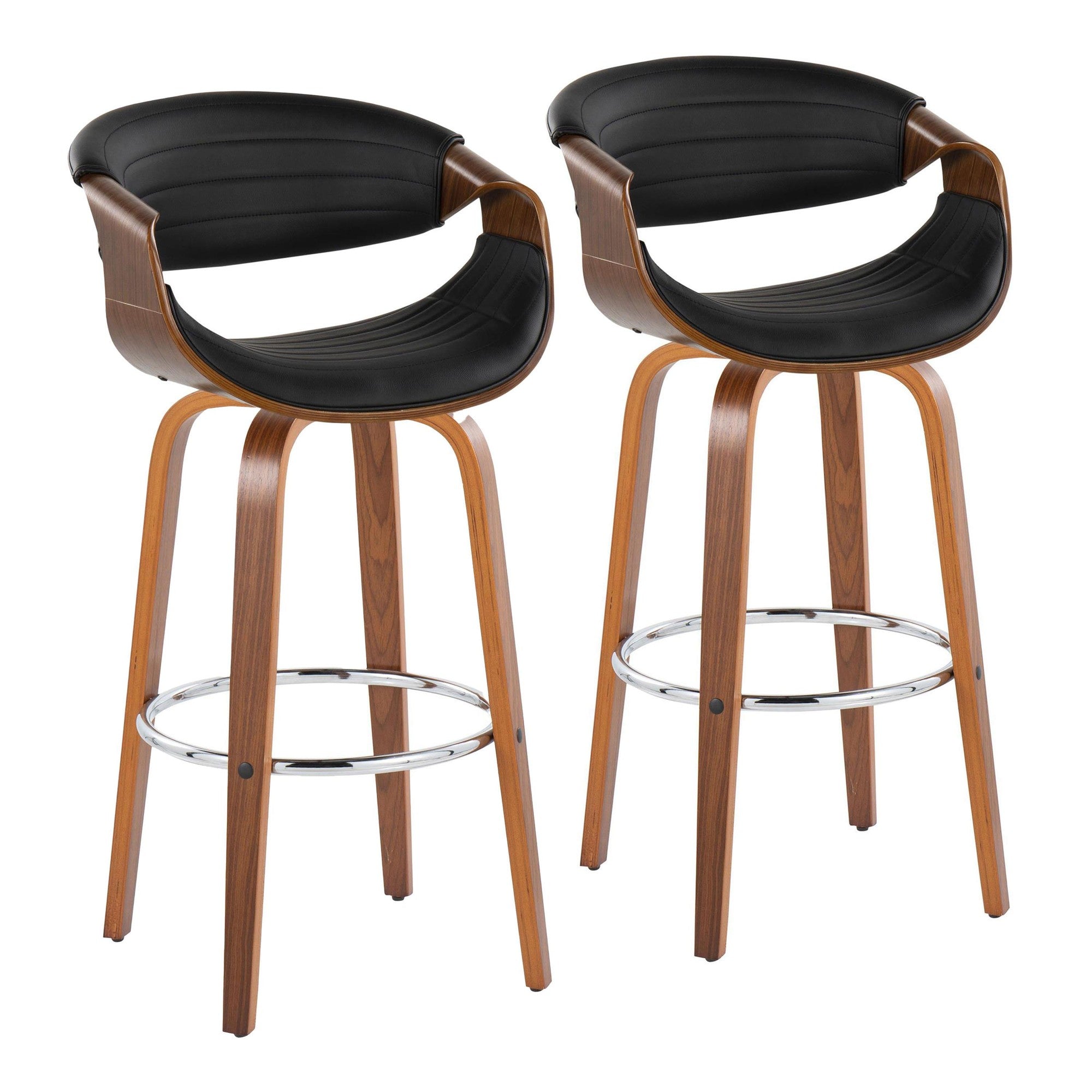 Symphony 30" Fixed-Height Barstool - Set of 2 - Walnut Wood, Chrome Metal, Black PU