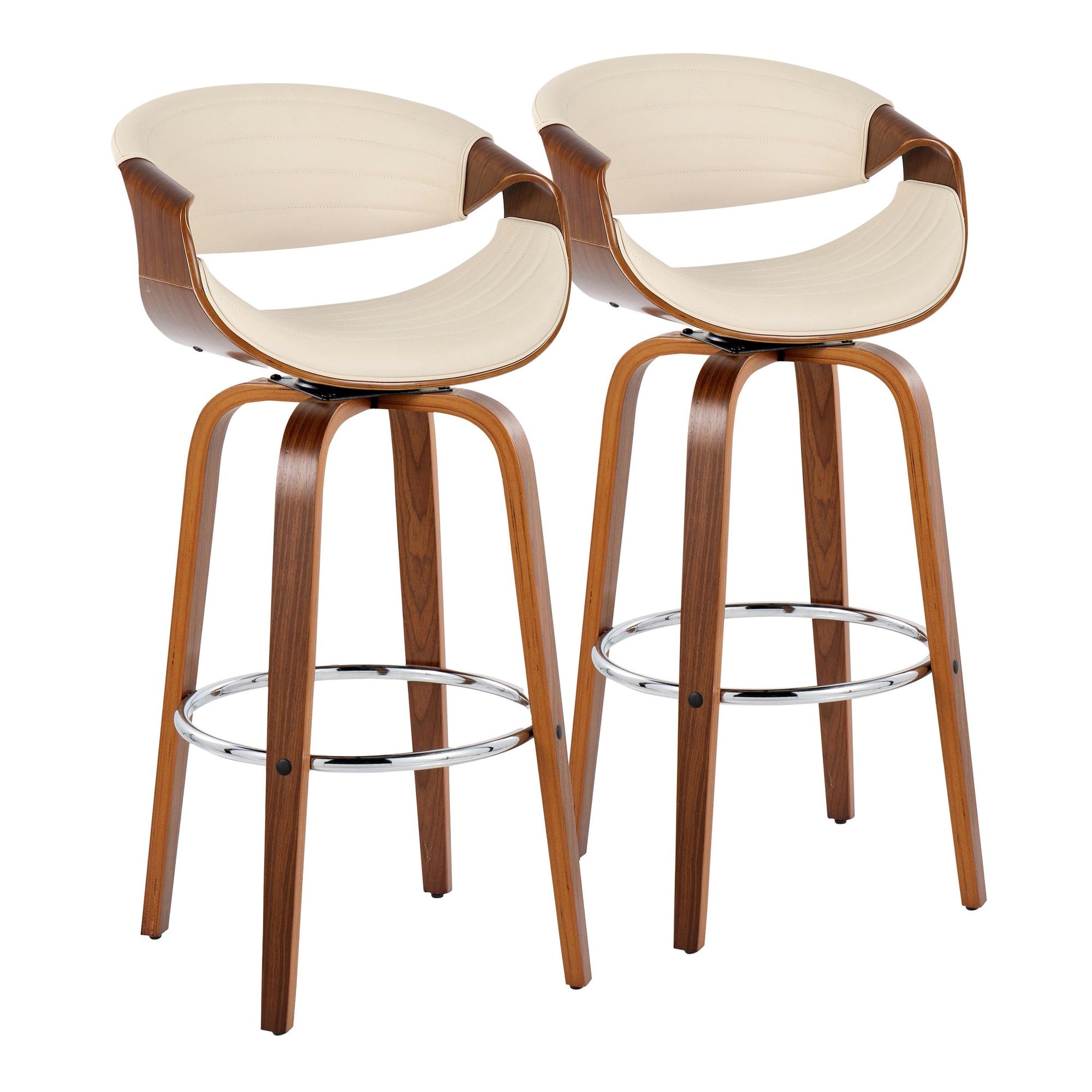 Symphony 30" Fixed-Height Barstool - Set of 2 - Walnut Wood, Chrome Metal, Cream PU