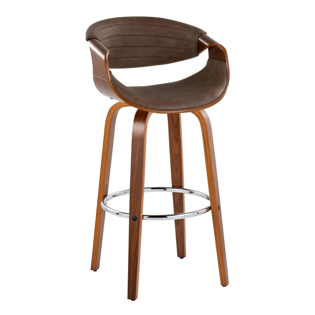 Symphony 30" Fixed-Height Barstool - Set of 2 - Walnut Wood, Chrome Metal, Espresso PU