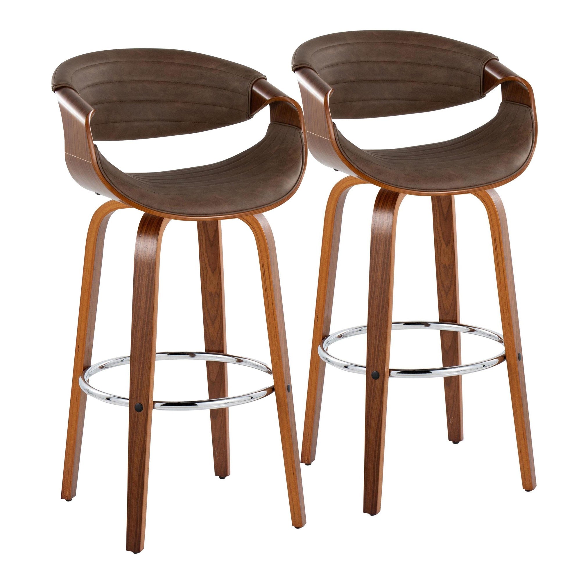 Symphony 30" Fixed-Height Barstool - Set of 2 - Walnut Wood, Chrome Metal, Espresso PU