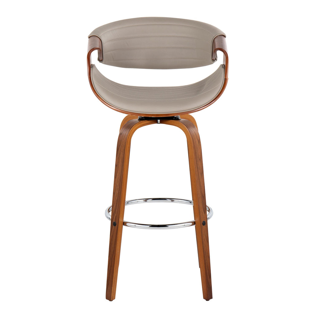 Symphony 30" Fixed-Height Barstool - Set of 2 - Walnut Wood, Chrome Metal, Grey PU