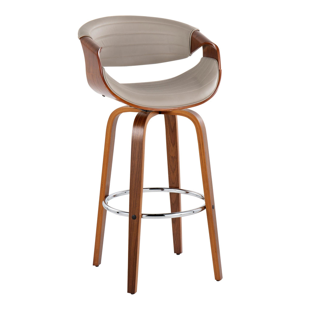 Symphony 30" Fixed-Height Barstool - Set of 2 - Walnut Wood, Chrome Metal, Grey PU