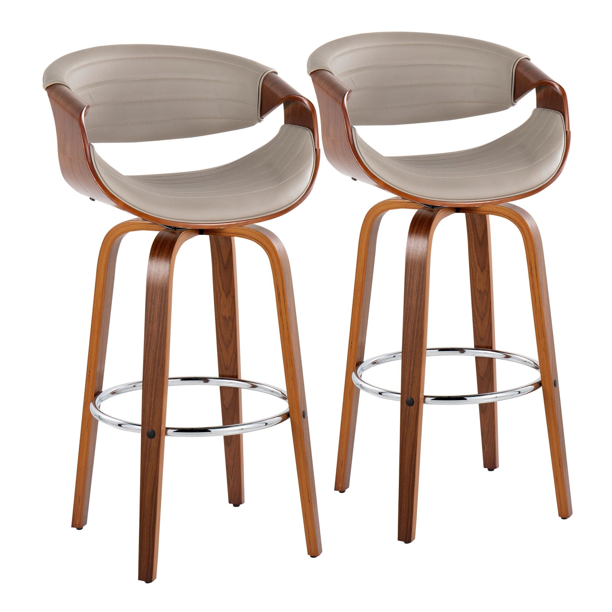 Symphony 30" Fixed-Height Barstool - Set of 2 - Walnut Wood, Chrome Metal, Grey PU