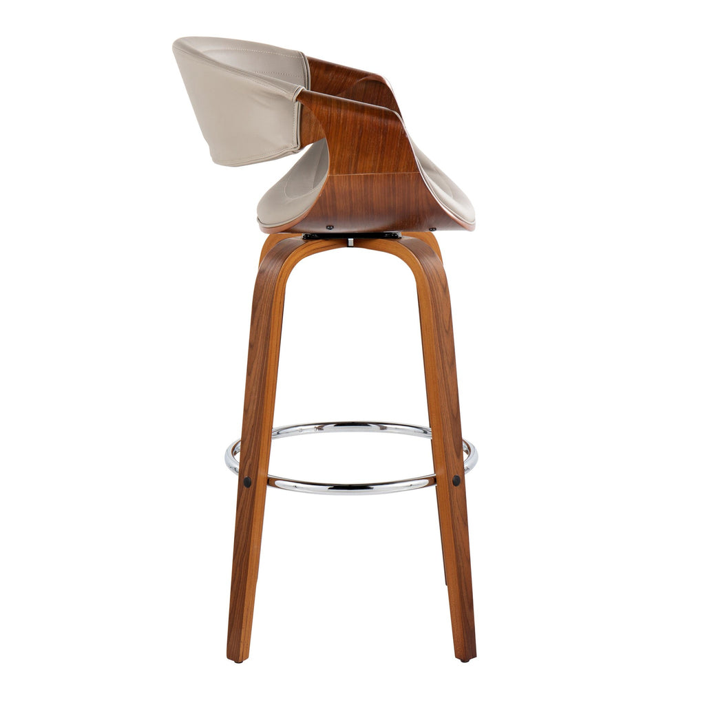 Symphony 30" Fixed-Height Barstool - Set of 2 - Walnut Wood, Chrome Metal, Grey PU
