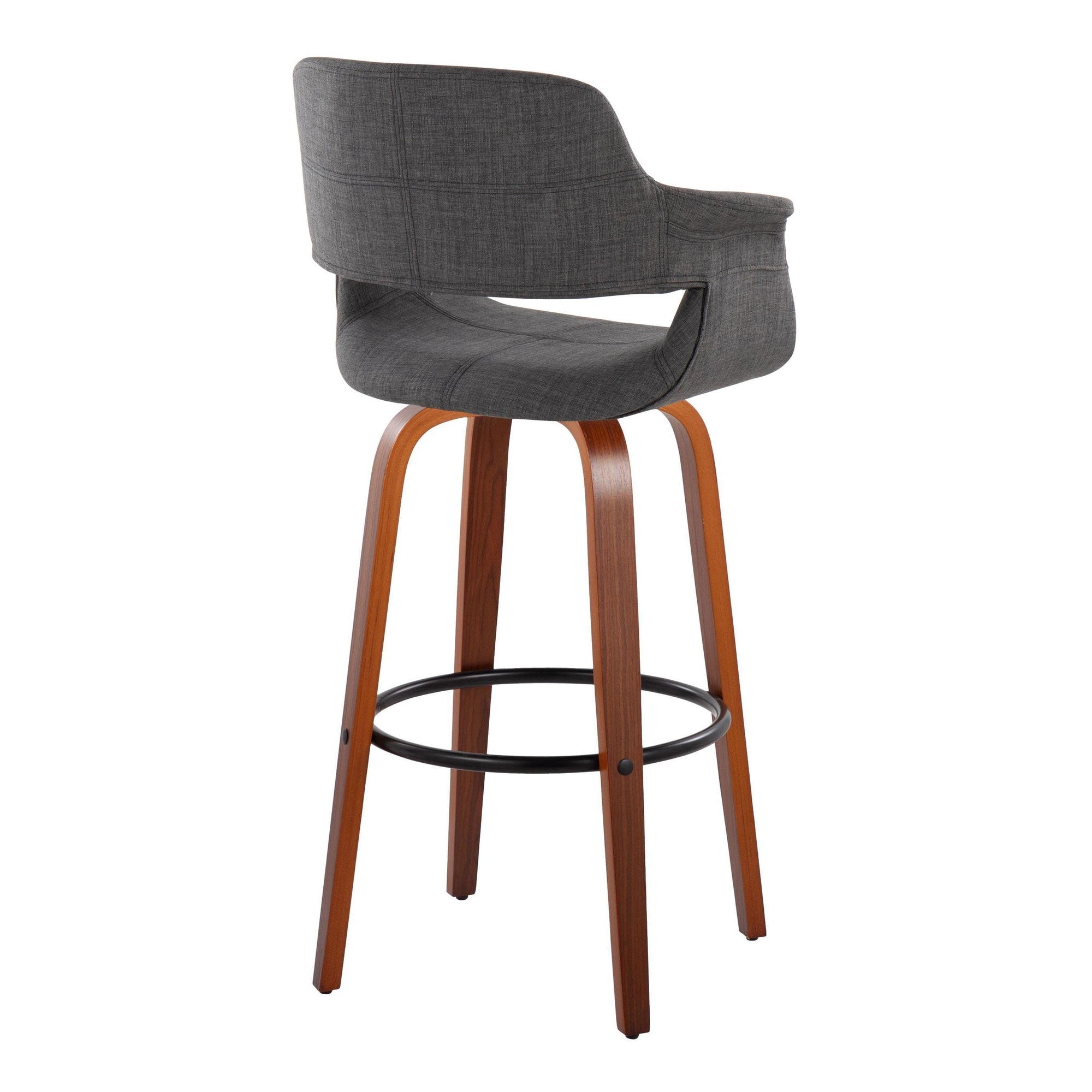 Vintage Flair 30" Fixed-Height Barstool - Set of 2 - Walnut Wood, Black Metal, Charcoal Fabric