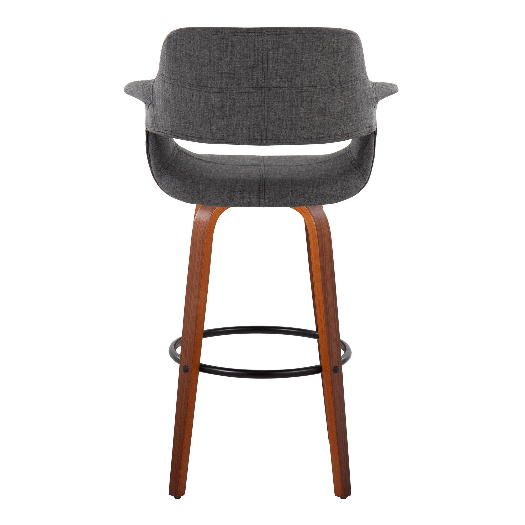 Vintage Flair 30" Fixed-Height Barstool - Set of 2 - Walnut Wood, Black Metal, Charcoal Fabric