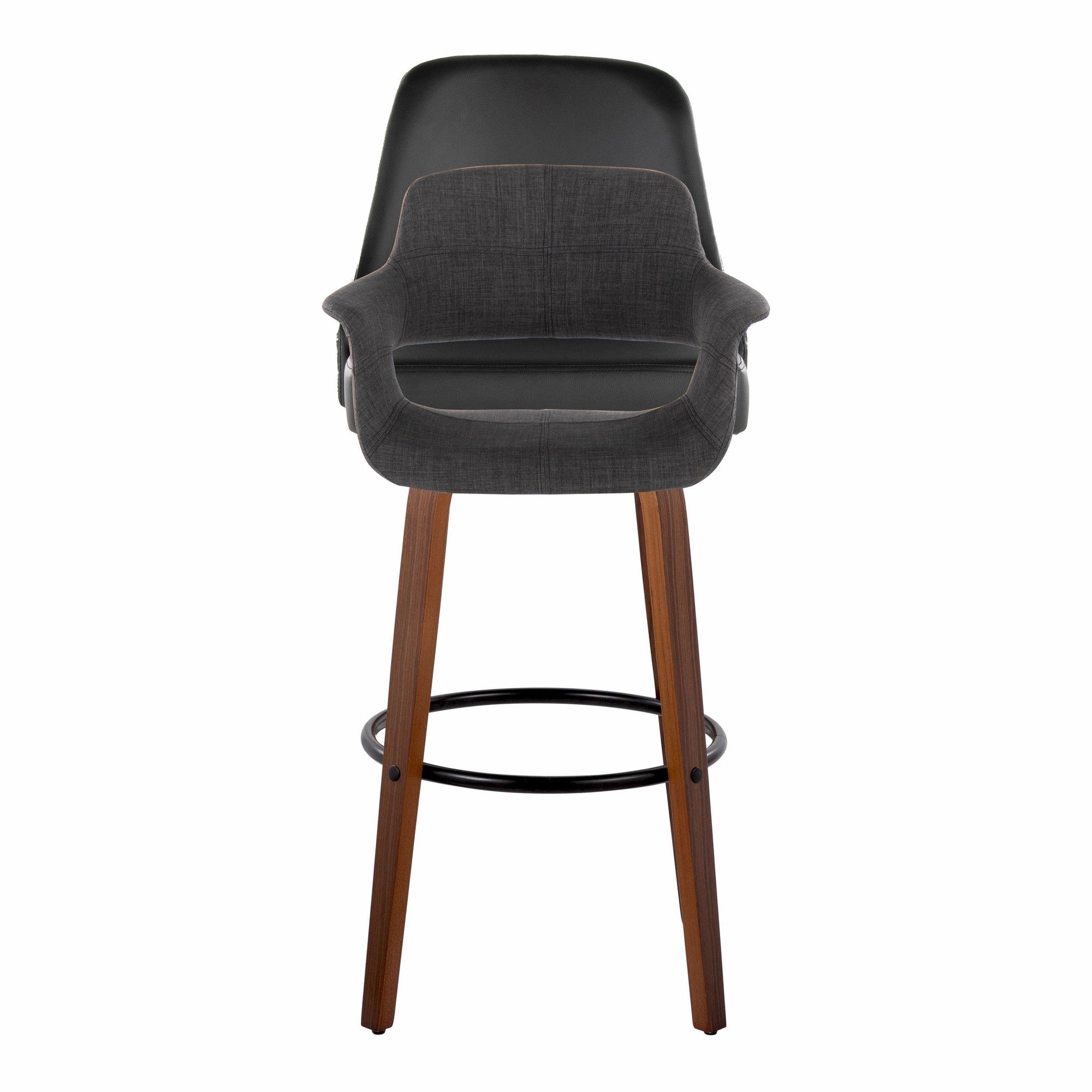 Vintage Flair 30" Fixed-Height Barstool - Set of 2 - Walnut Wood, Black Metal, Charcoal Fabric