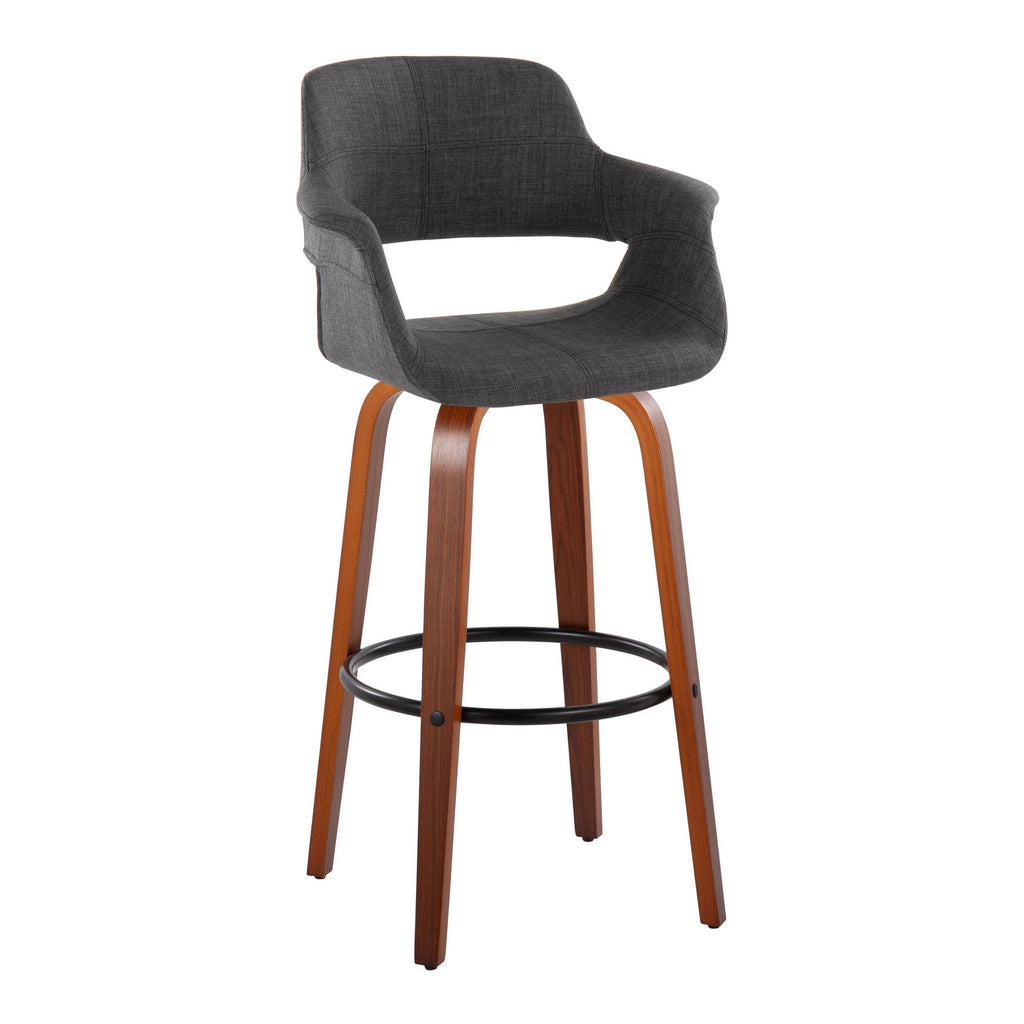 Vintage Flair 30" Fixed-Height Barstool - Set of 2 - Walnut Wood, Black Metal, Charcoal Fabric