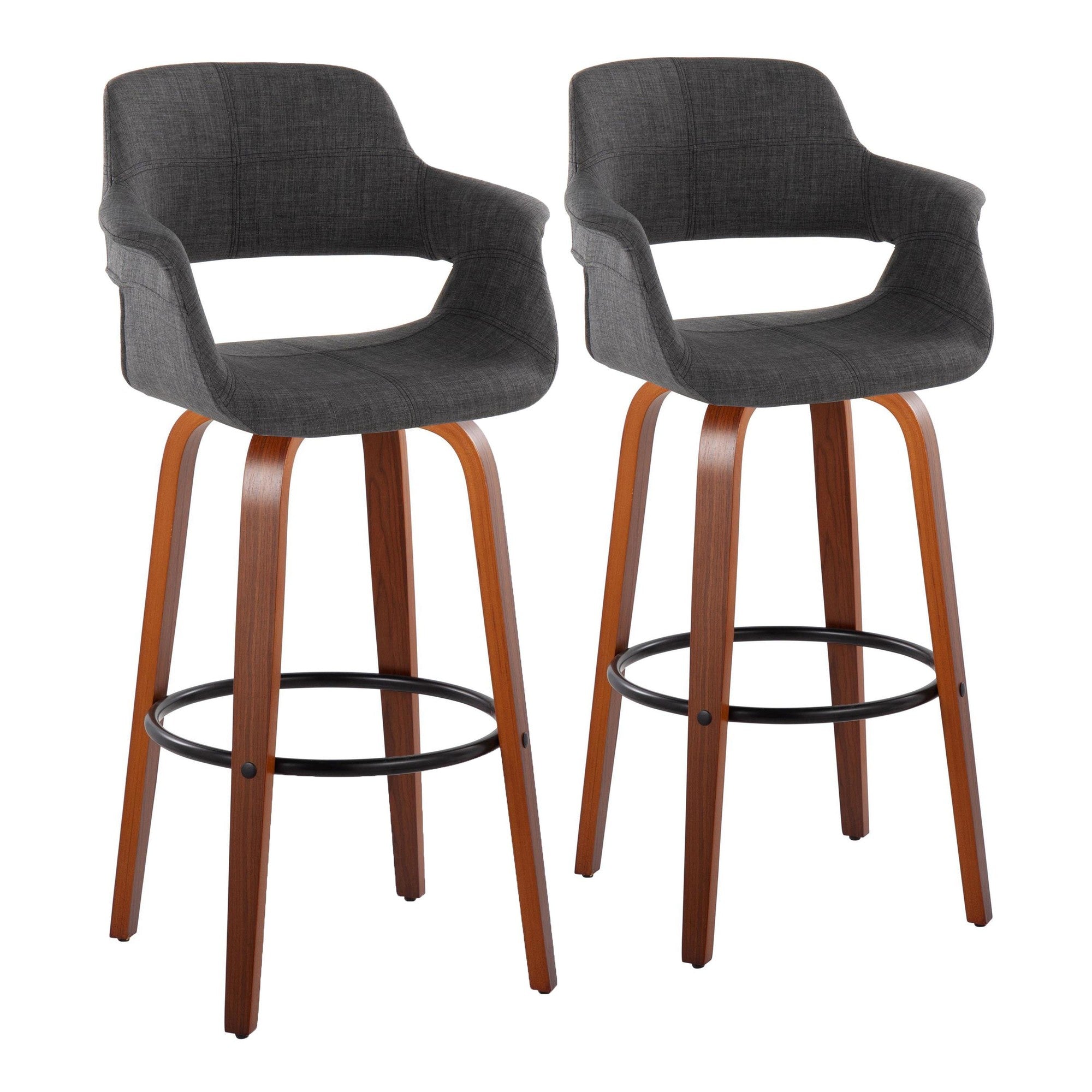 Vintage Flair 30" Fixed-Height Barstool - Set of 2 - Walnut Wood, Black Metal, Charcoal Fabric