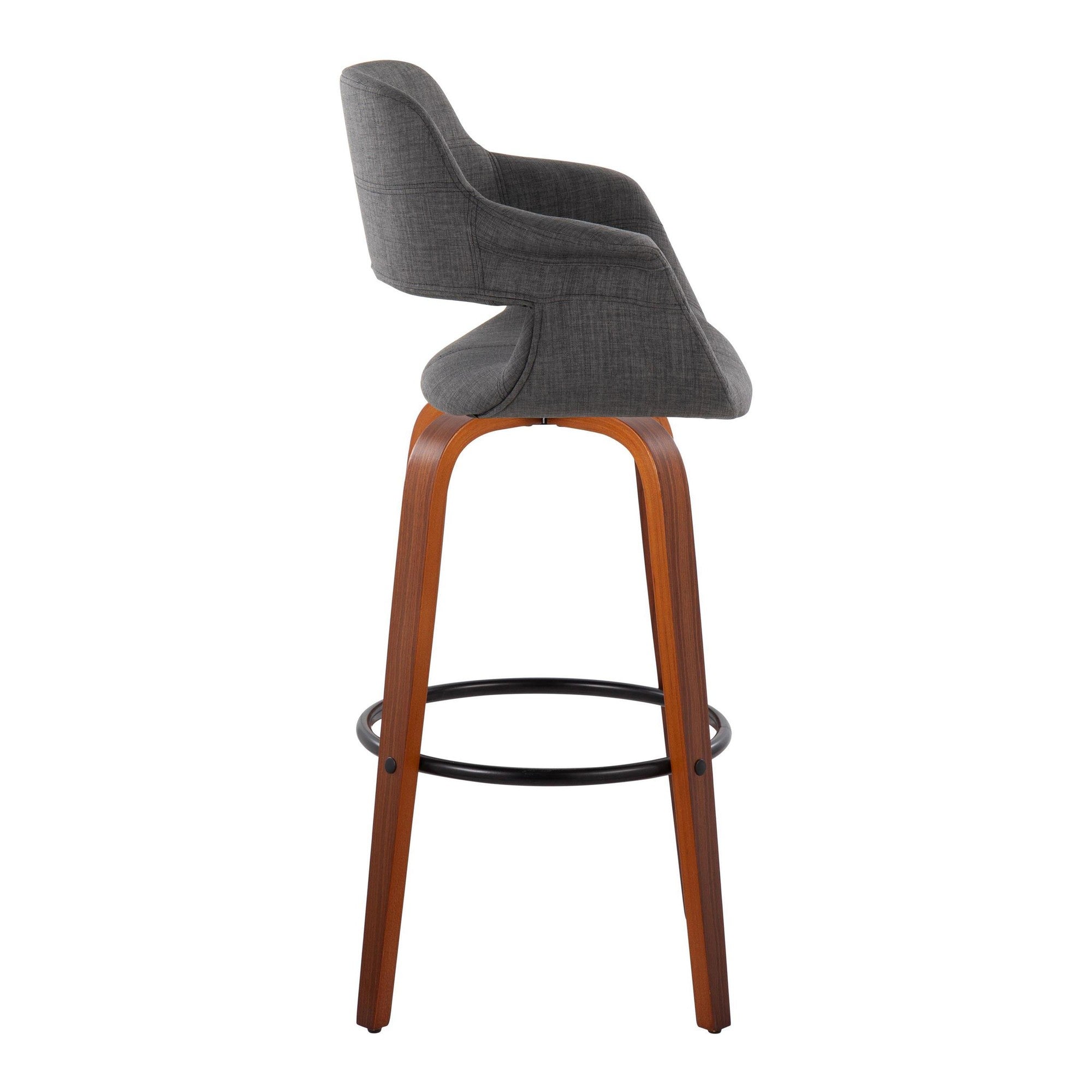 Vintage Flair 30" Fixed-Height Barstool - Set of 2 - Walnut Wood, Black Metal, Charcoal Fabric