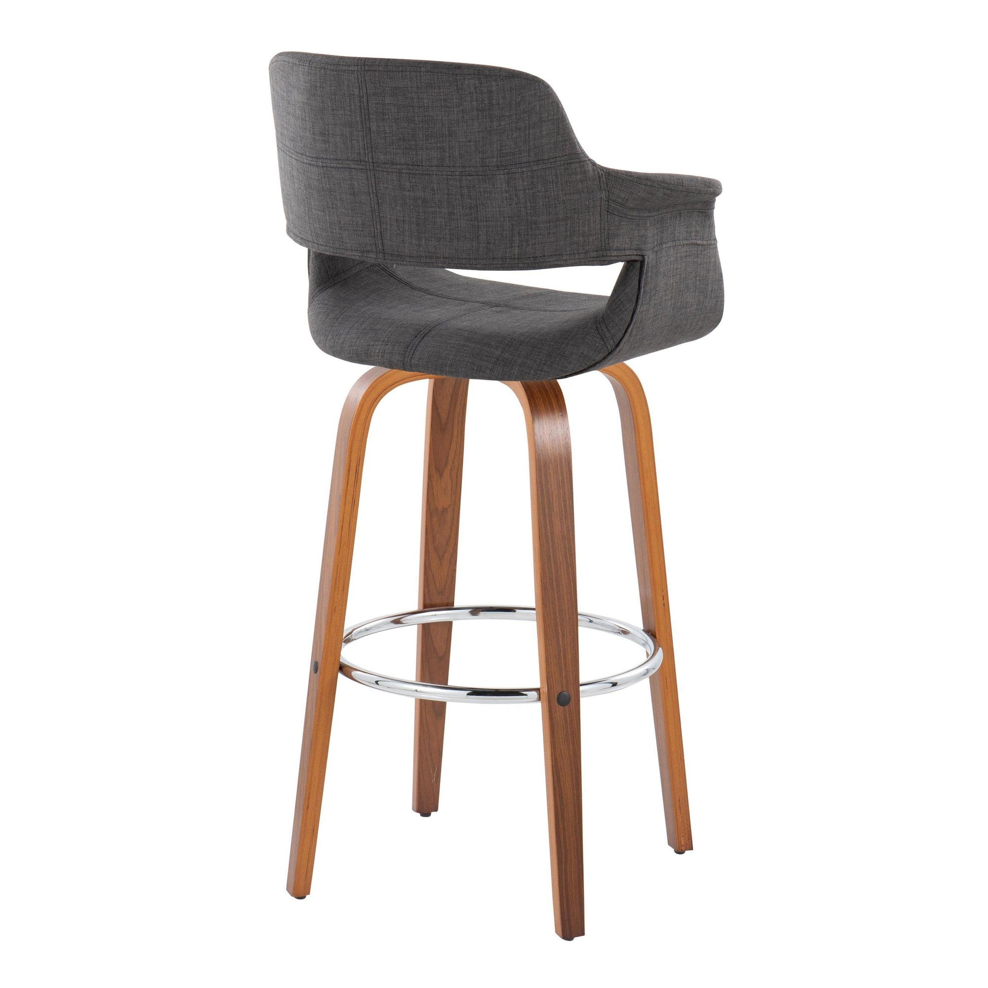 Vintage Flair 30" Fixed-Height Barstool - Set of 2 - Walnut Wood, Chrome Metal, Charcoal Fabric