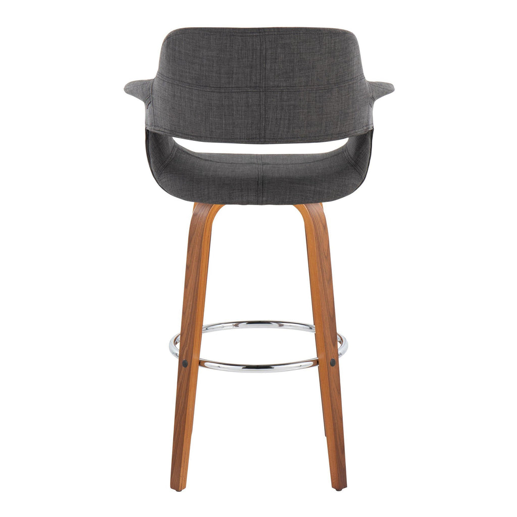 Vintage Flair 30" Fixed-Height Barstool - Set of 2 - Walnut Wood, Chrome Metal, Charcoal Fabric