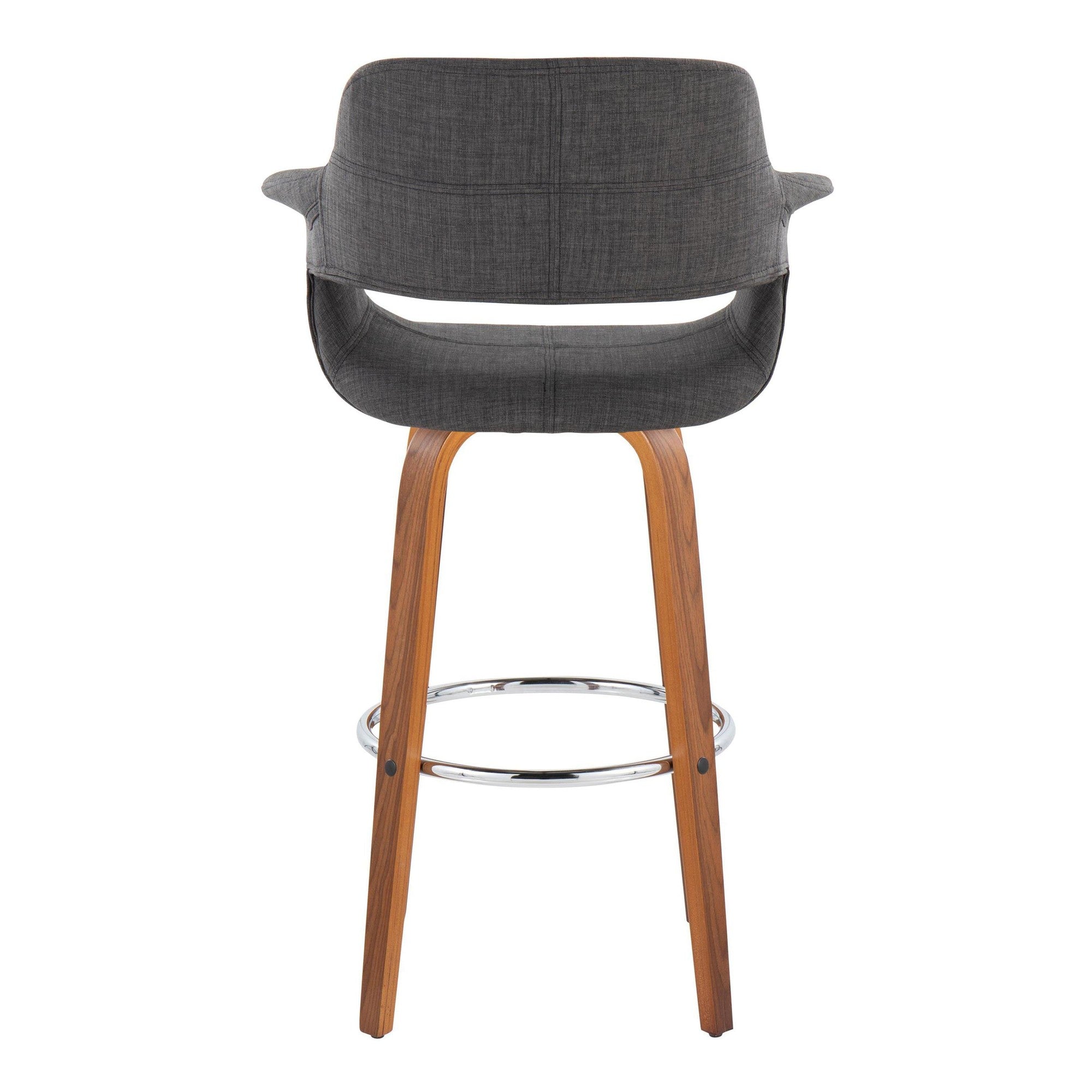 Vintage Flair 30" Fixed-Height Barstool - Set of 2 - Walnut Wood, Chrome Metal, Charcoal Fabric