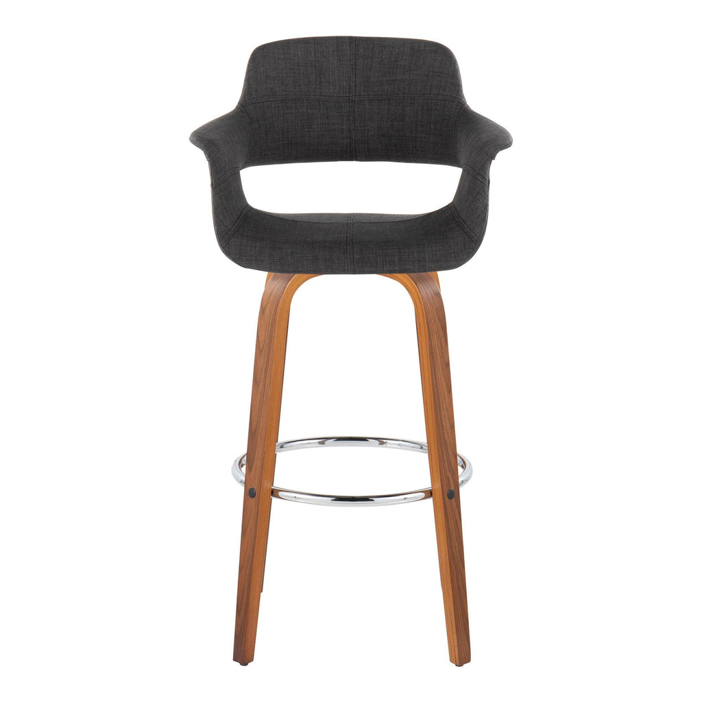 Vintage Flair 30" Fixed-Height Barstool - Set of 2 - Walnut Wood, Chrome Metal, Charcoal Fabric