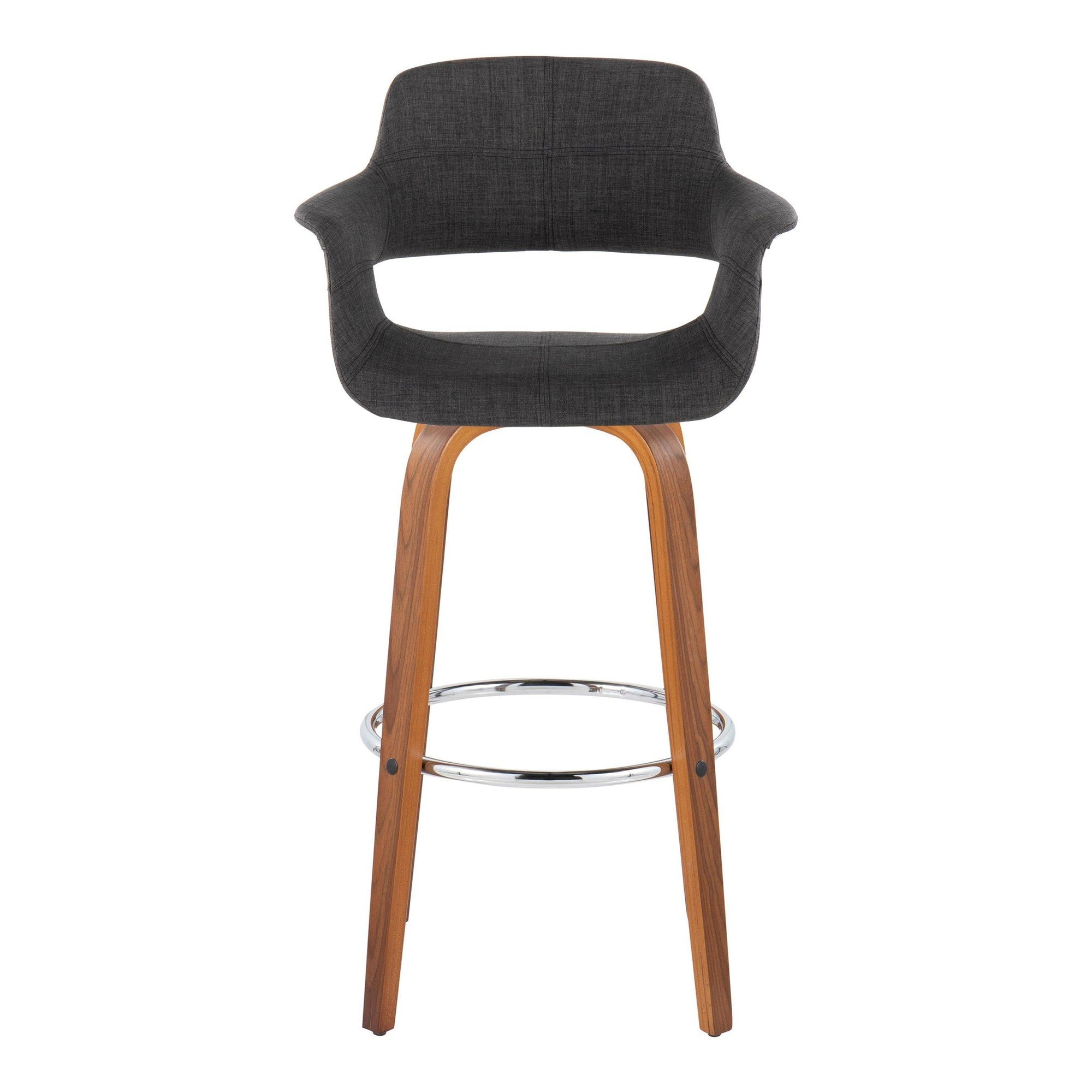 Vintage Flair 30" Fixed-Height Barstool - Set of 2 - Walnut Wood, Chrome Metal, Charcoal Fabric