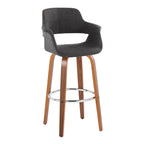 Vintage Flair 30" Fixed-Height Barstool - Set of 2 - Walnut Wood, Chrome Metal, Charcoal Fabric
