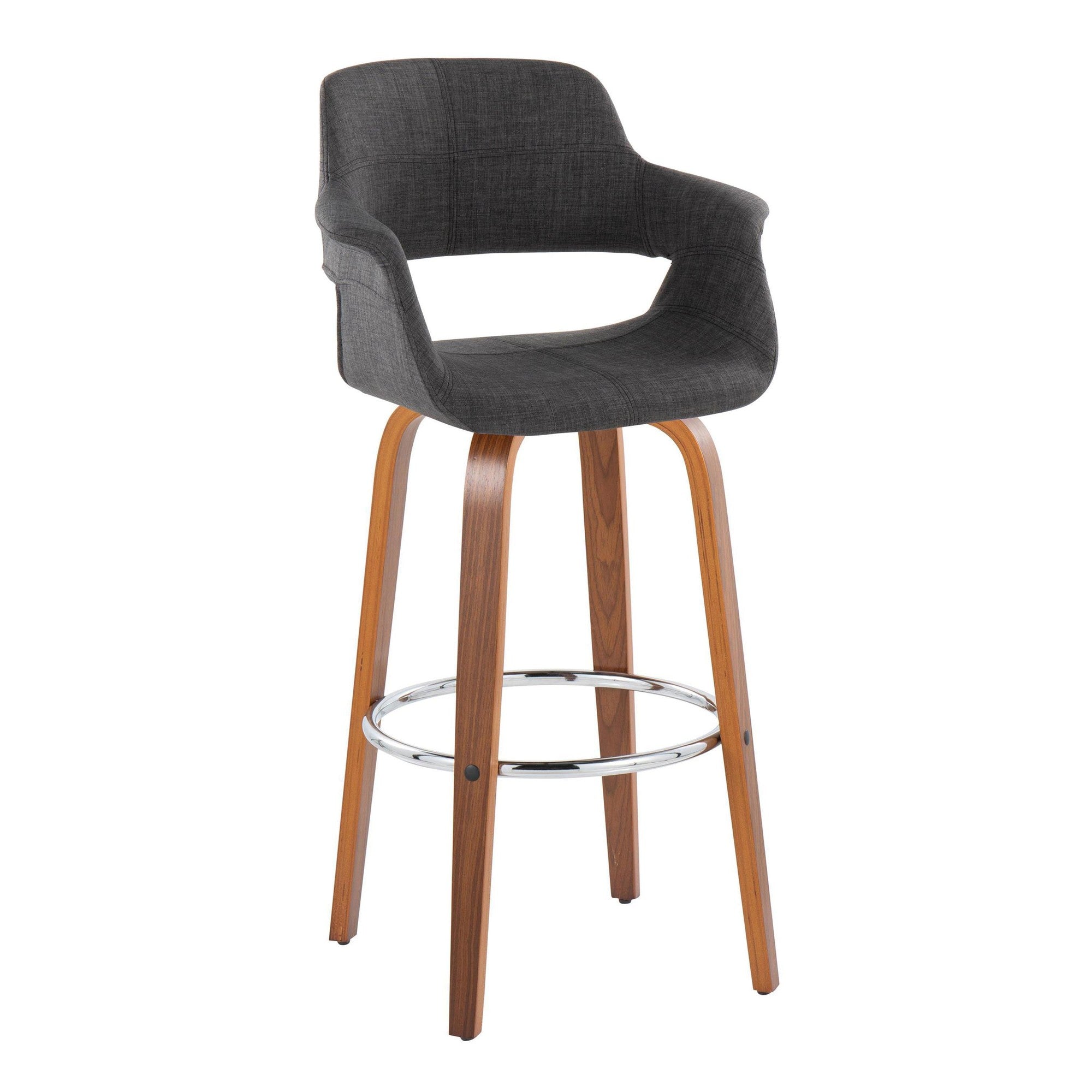 Vintage Flair 30" Fixed-Height Barstool - Set of 2 - Walnut Wood, Chrome Metal, Charcoal Fabric