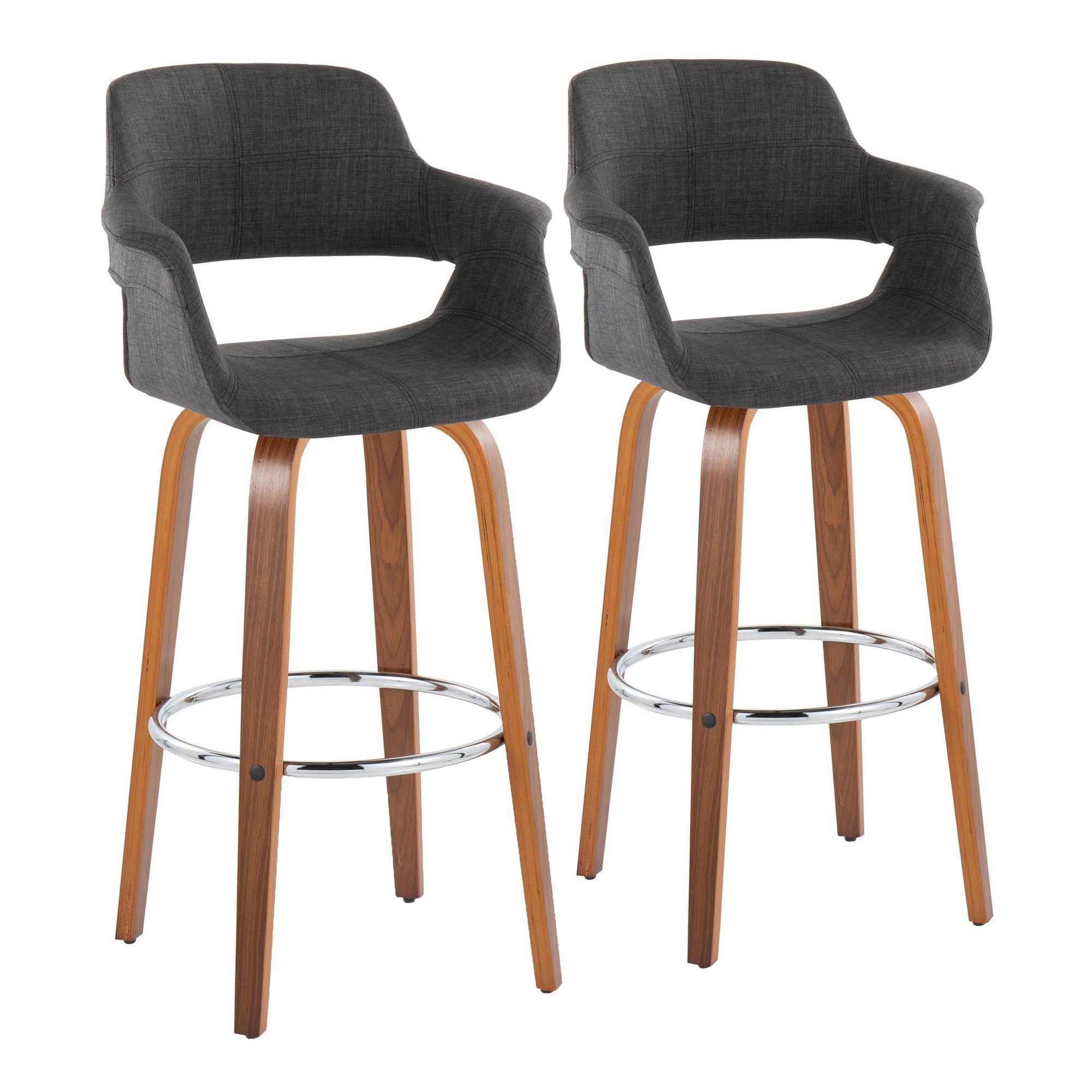 Vintage Flair 30" Fixed-Height Barstool - Set of 2 - Walnut Wood, Chrome Metal, Charcoal Fabric