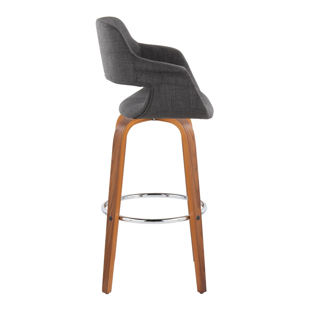 Vintage Flair 30" Fixed-Height Barstool - Set of 2 - Walnut Wood, Chrome Metal, Charcoal Fabric