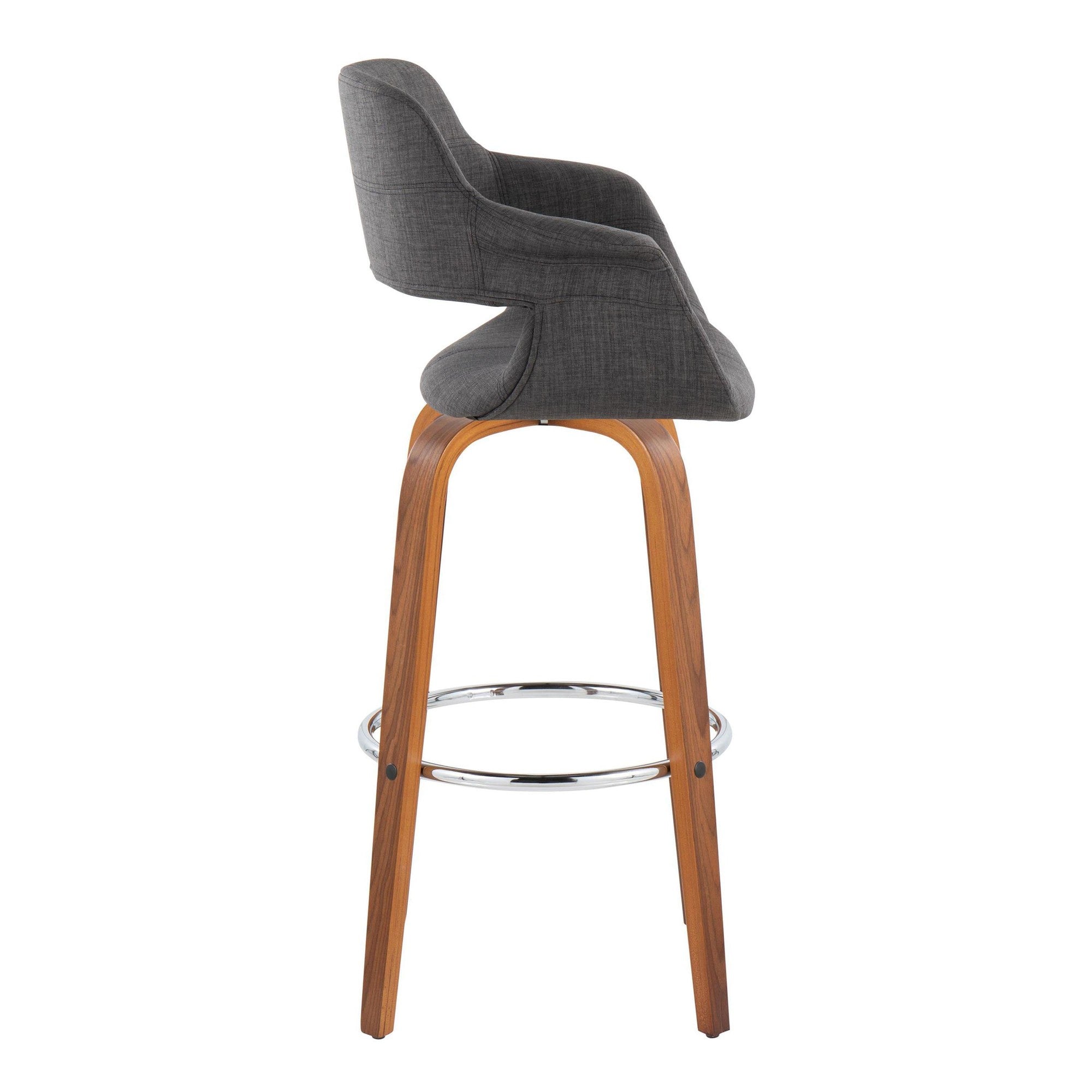 Vintage Flair 30" Fixed-Height Barstool - Set of 2 - Walnut Wood, Chrome Metal, Charcoal Fabric