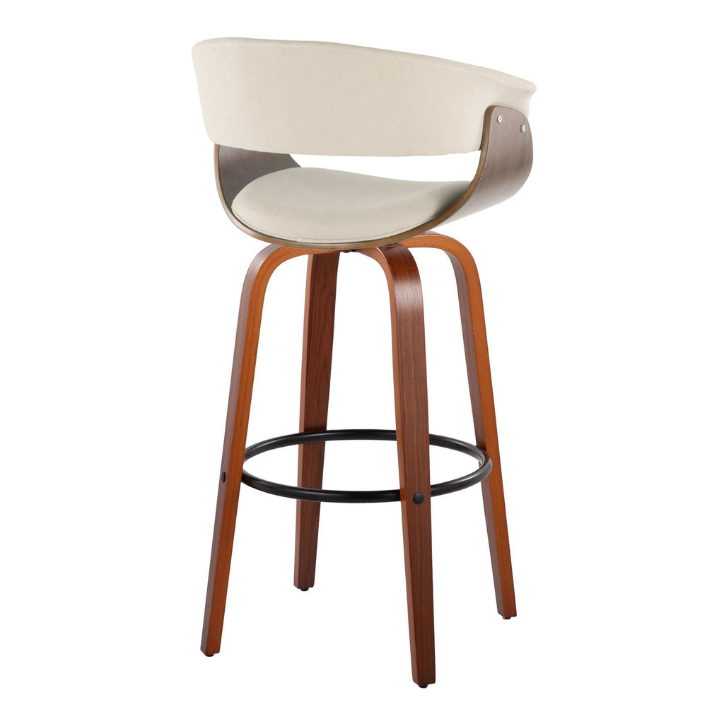 Vintage Mod 30" Fixed-Height Barstool - Set of 2 - Walnut Wood, Black Metal, Cream Fabric