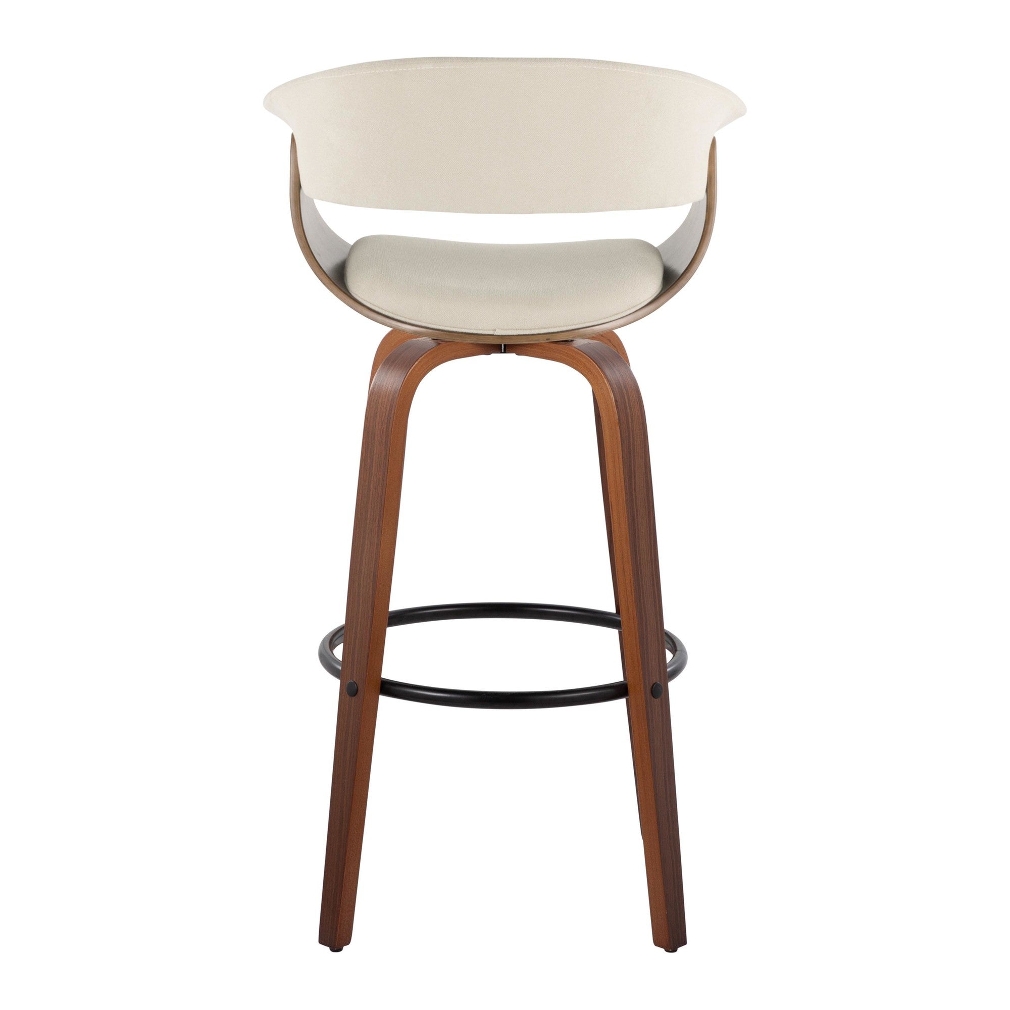 Vintage Mod 30" Fixed-Height Barstool - Set of 2 - Walnut Wood, Black Metal, Cream Fabric