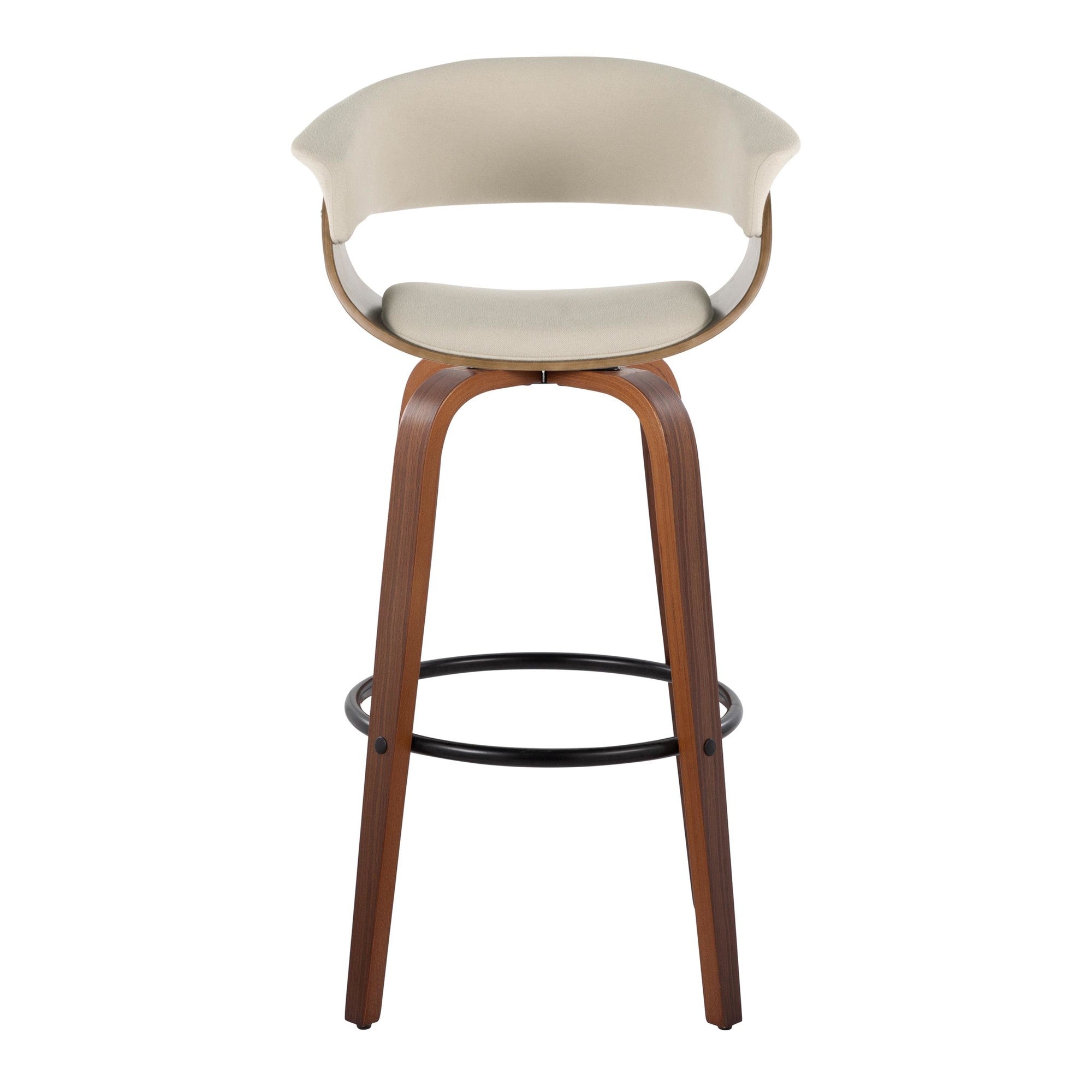 Vintage Mod 30" Fixed-Height Barstool - Set of 2 - Walnut Wood, Black Metal, Cream Fabric