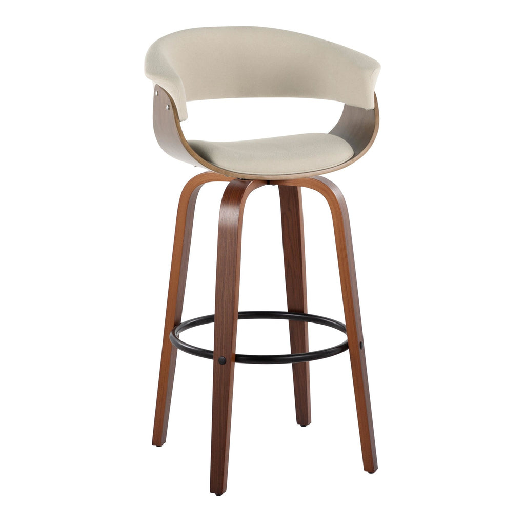 Vintage Mod 30" Fixed-Height Barstool - Set of 2 - Walnut Wood, Black Metal, Cream Fabric