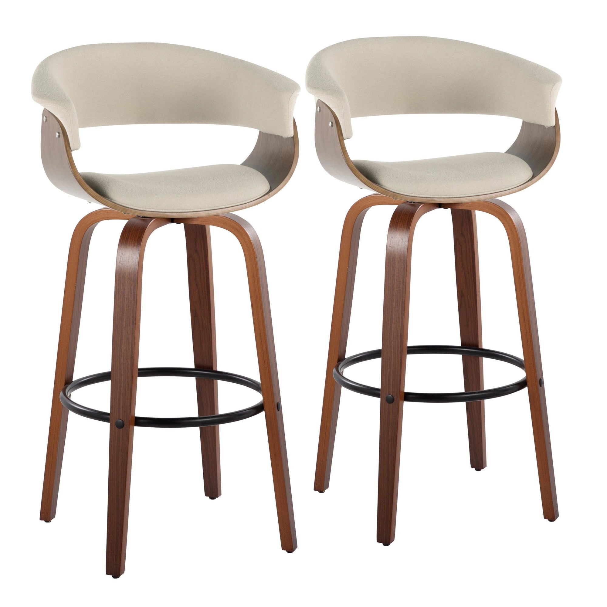 Vintage Mod 30" Fixed-Height Barstool - Set of 2 - Walnut Wood, Black Metal, Cream Fabric