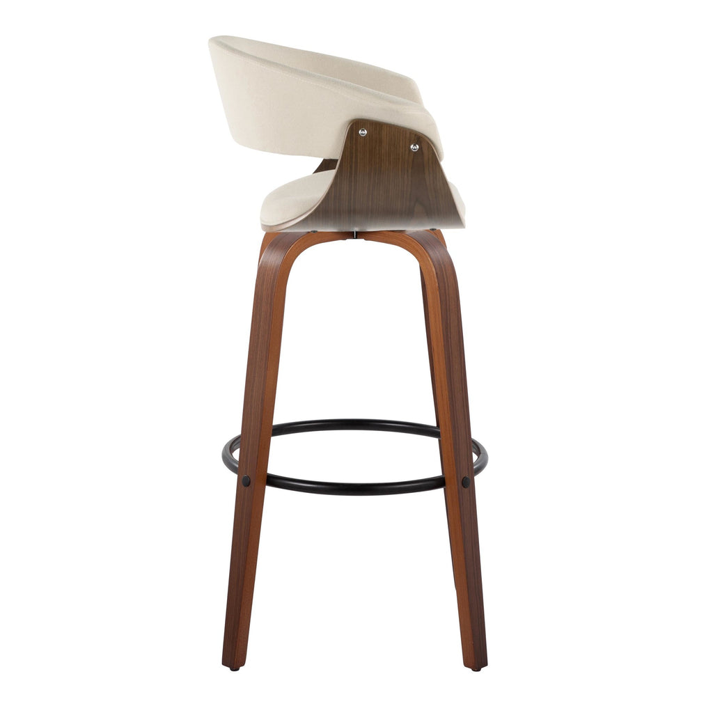 Vintage Mod 30" Fixed-Height Barstool - Set of 2 - Walnut Wood, Black Metal, Cream Fabric