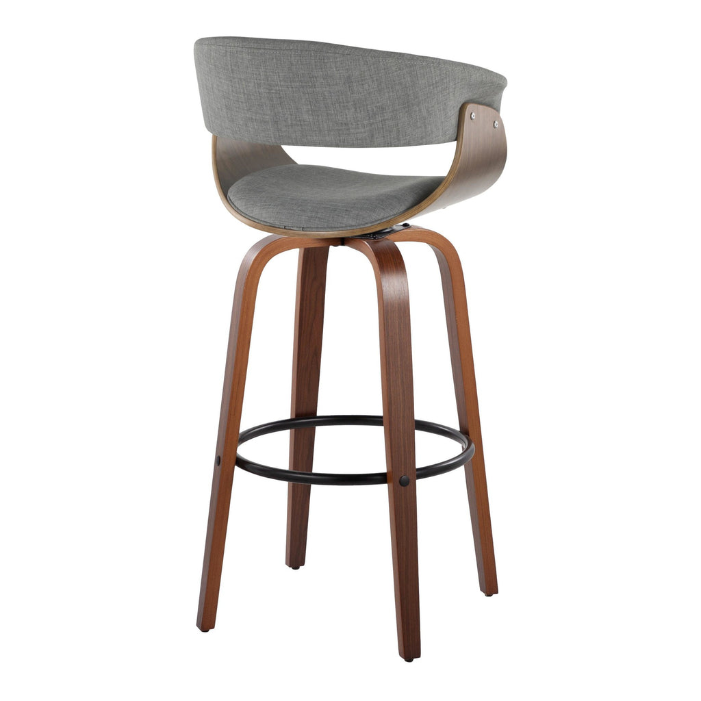 Vintage Mod 30" Fixed-Height Barstool - Set of 2 - Walnut Wood, Black Metal, Light Grey Fabric