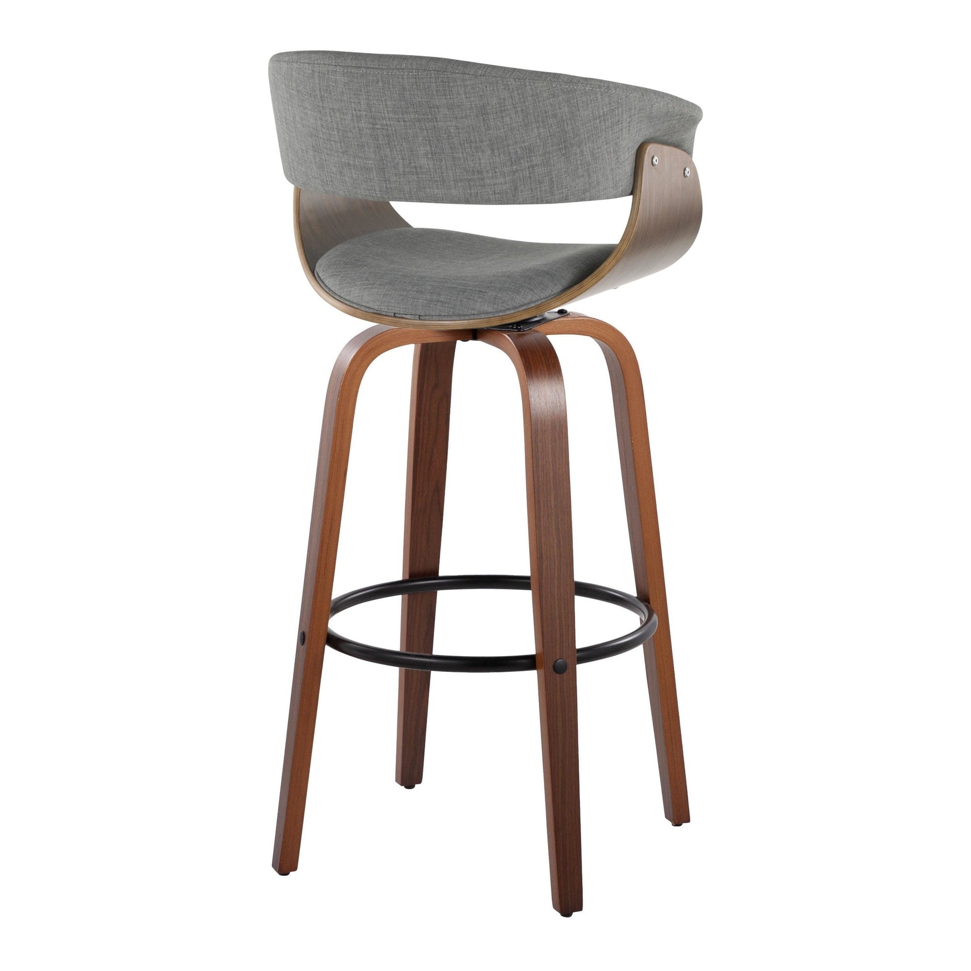 Vintage Mod 30" Fixed-Height Barstool - Set of 2 - Walnut Wood, Black Metal, Light Grey Fabric
