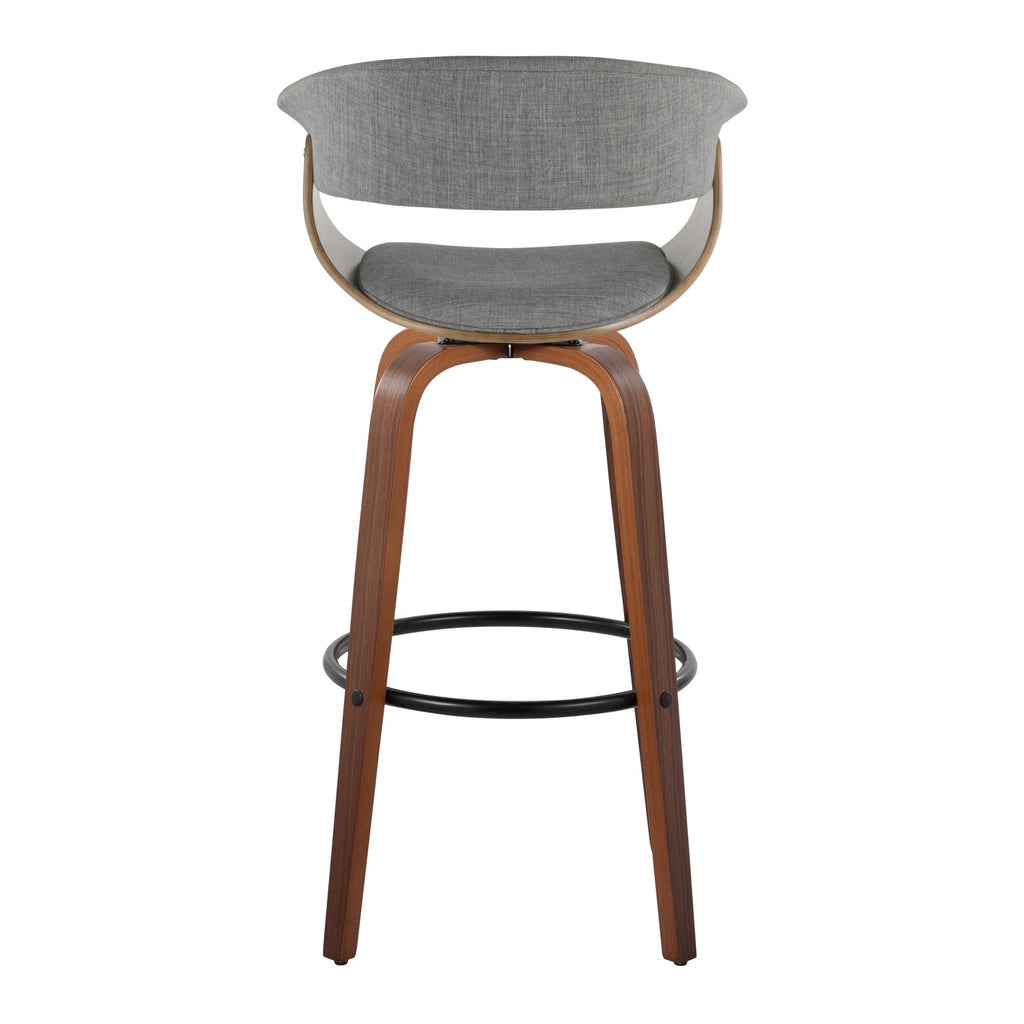 Vintage Mod 30" Fixed-Height Barstool - Set of 2 - Walnut Wood, Black Metal, Light Grey Fabric