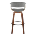 Vintage Mod 30" Fixed-Height Barstool - Set of 2 - Walnut Wood, Black Metal, Light Grey Fabric