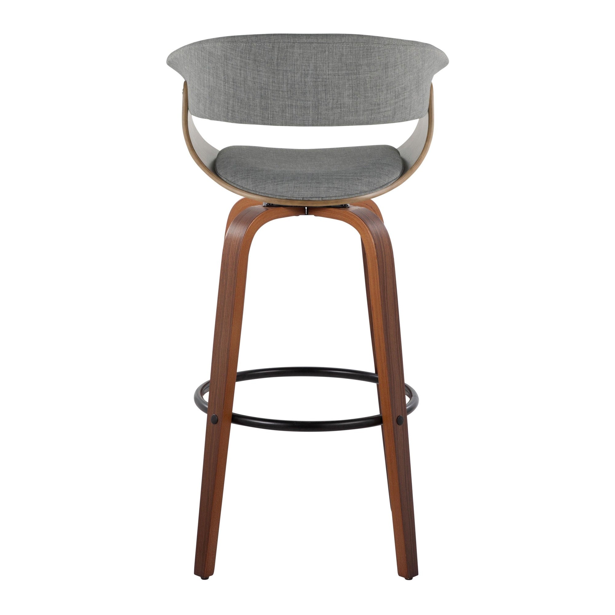 Vintage Mod 30" Fixed-Height Barstool - Set of 2 - Walnut Wood, Black Metal, Light Grey Fabric
