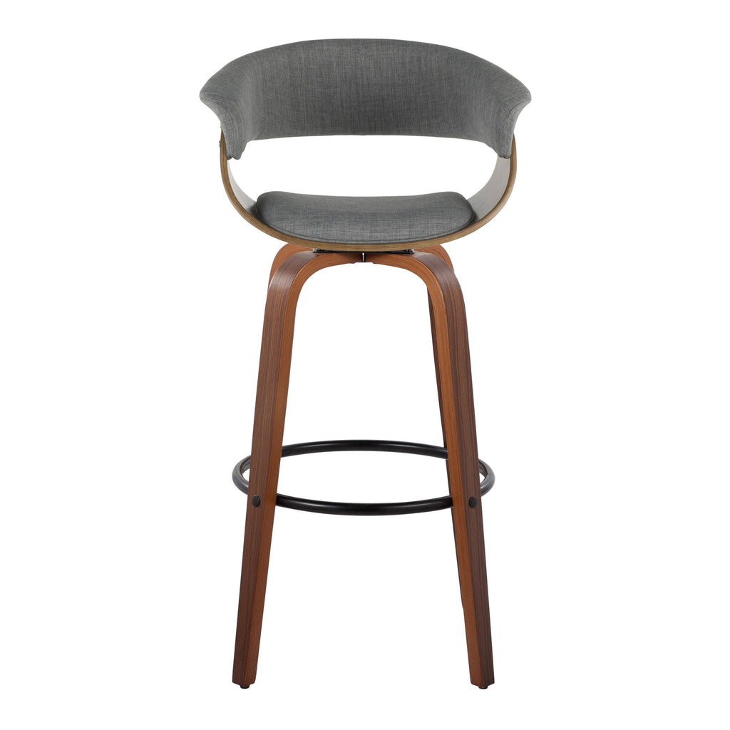 Vintage Mod 30" Fixed-Height Barstool - Set of 2 - Walnut Wood, Black Metal, Light Grey Fabric