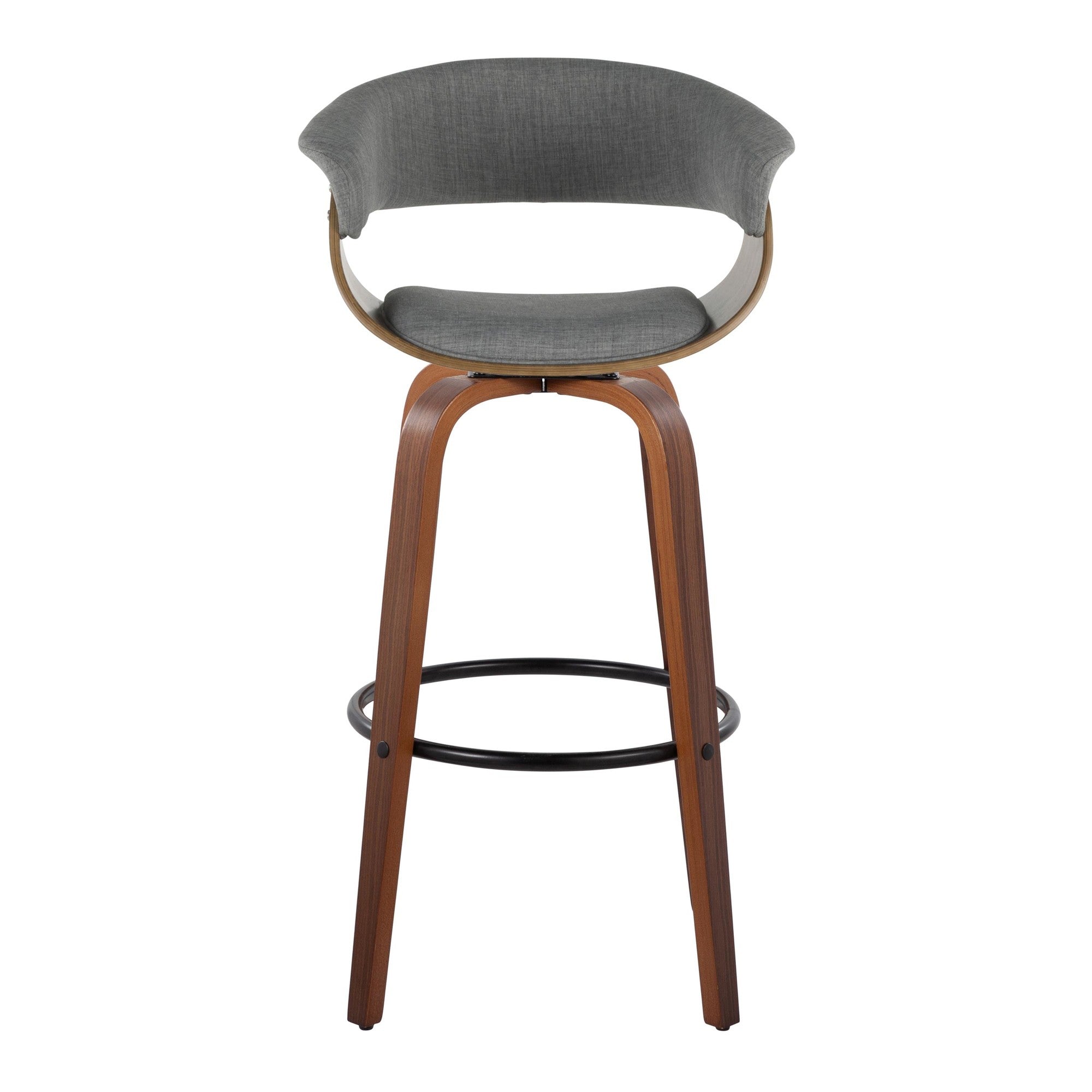 Vintage Mod 30" Fixed-Height Barstool - Set of 2 - Walnut Wood, Black Metal, Light Grey Fabric