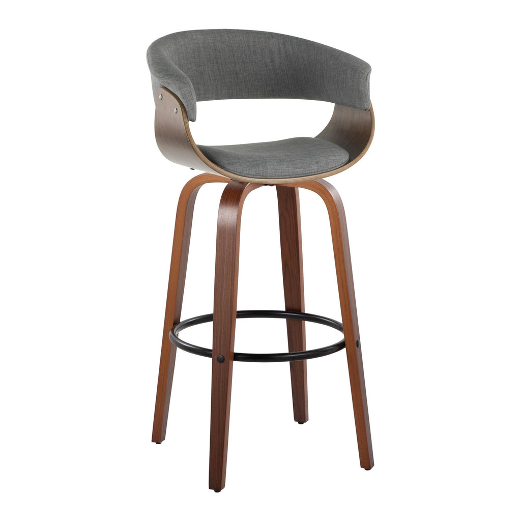 Vintage Mod 30" Fixed-Height Barstool - Set of 2 - Walnut Wood, Black Metal, Light Grey Fabric