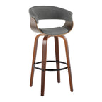 Vintage Mod 30" Fixed-Height Barstool - Set of 2 - Walnut Wood, Black Metal, Light Grey Fabric
