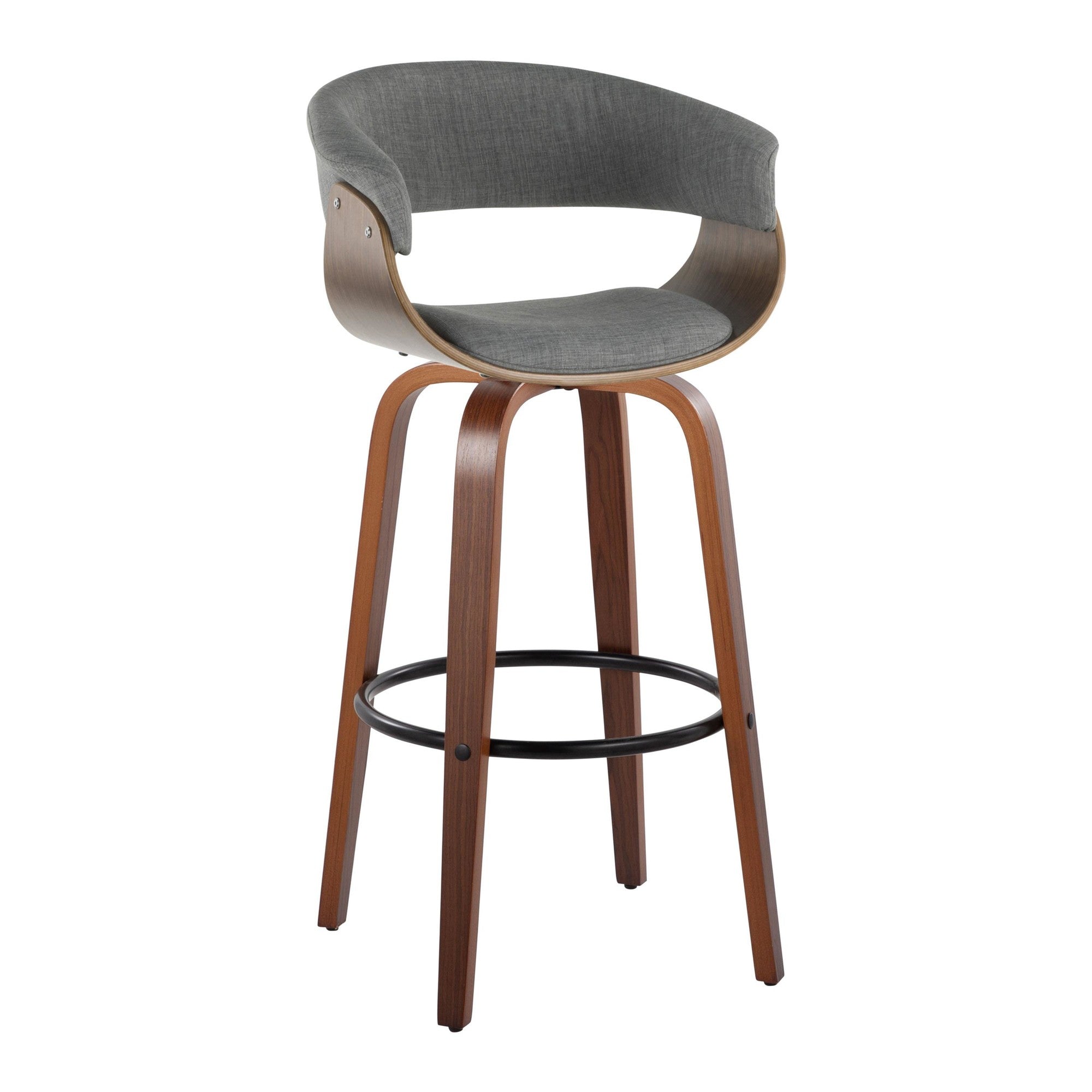 Vintage Mod 30" Fixed-Height Barstool - Set of 2 - Walnut Wood, Black Metal, Light Grey Fabric