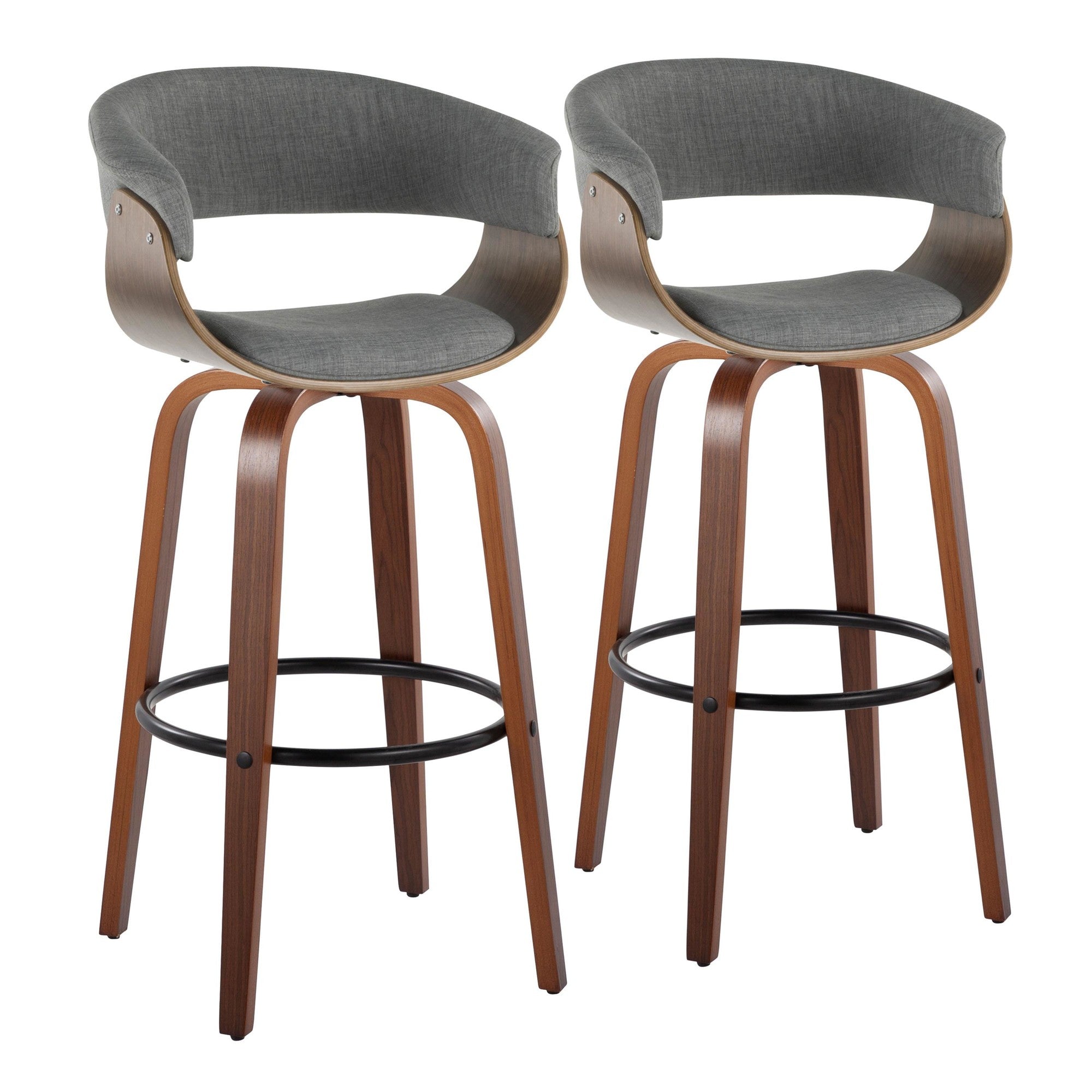 Vintage Mod 30" Fixed-Height Barstool - Set of 2 - Walnut Wood, Black Metal, Light Grey Fabric