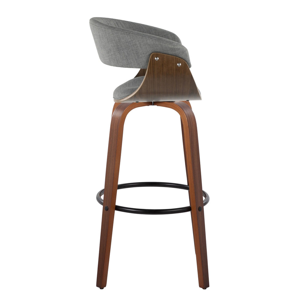 Vintage Mod 30" Fixed-Height Barstool - Set of 2 - Walnut Wood, Black Metal, Light Grey Fabric