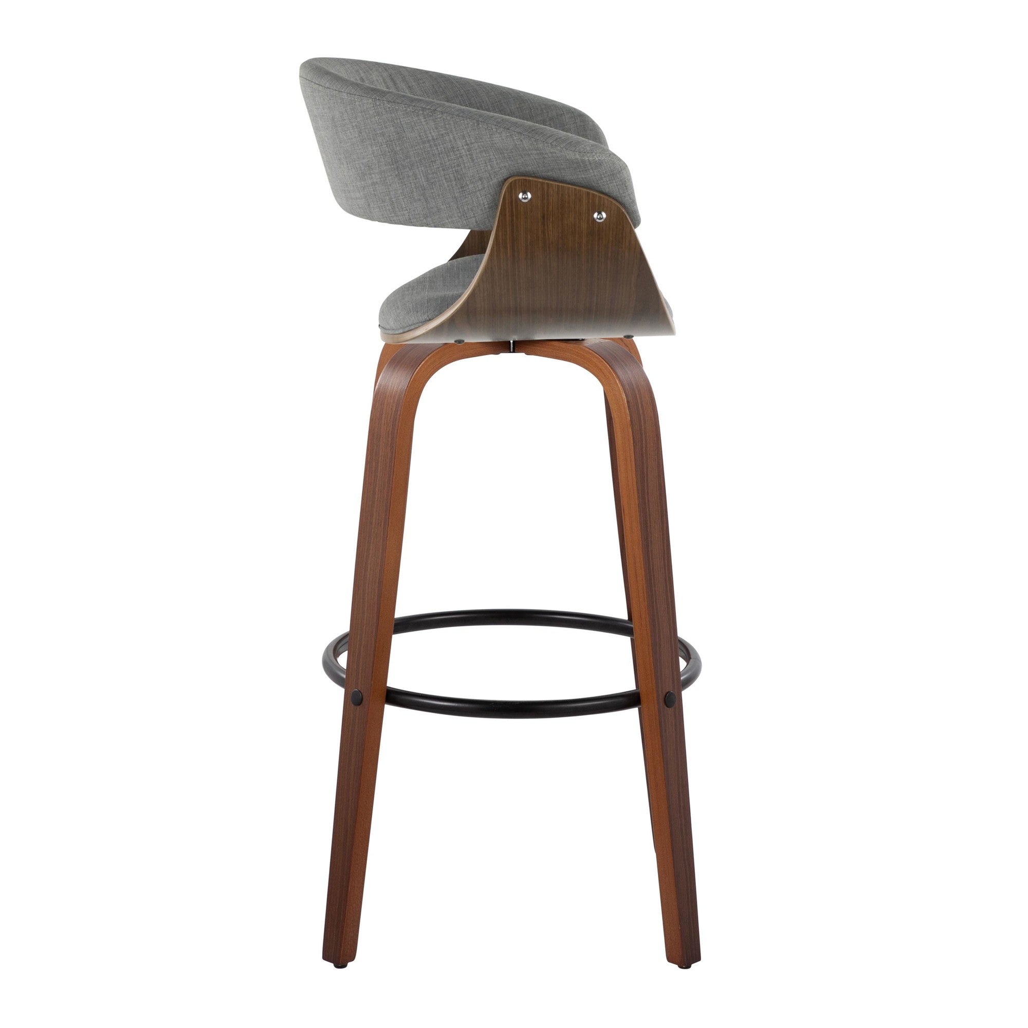 Vintage Mod 30" Fixed-Height Barstool - Set of 2 - Walnut Wood, Black Metal, Light Grey Fabric