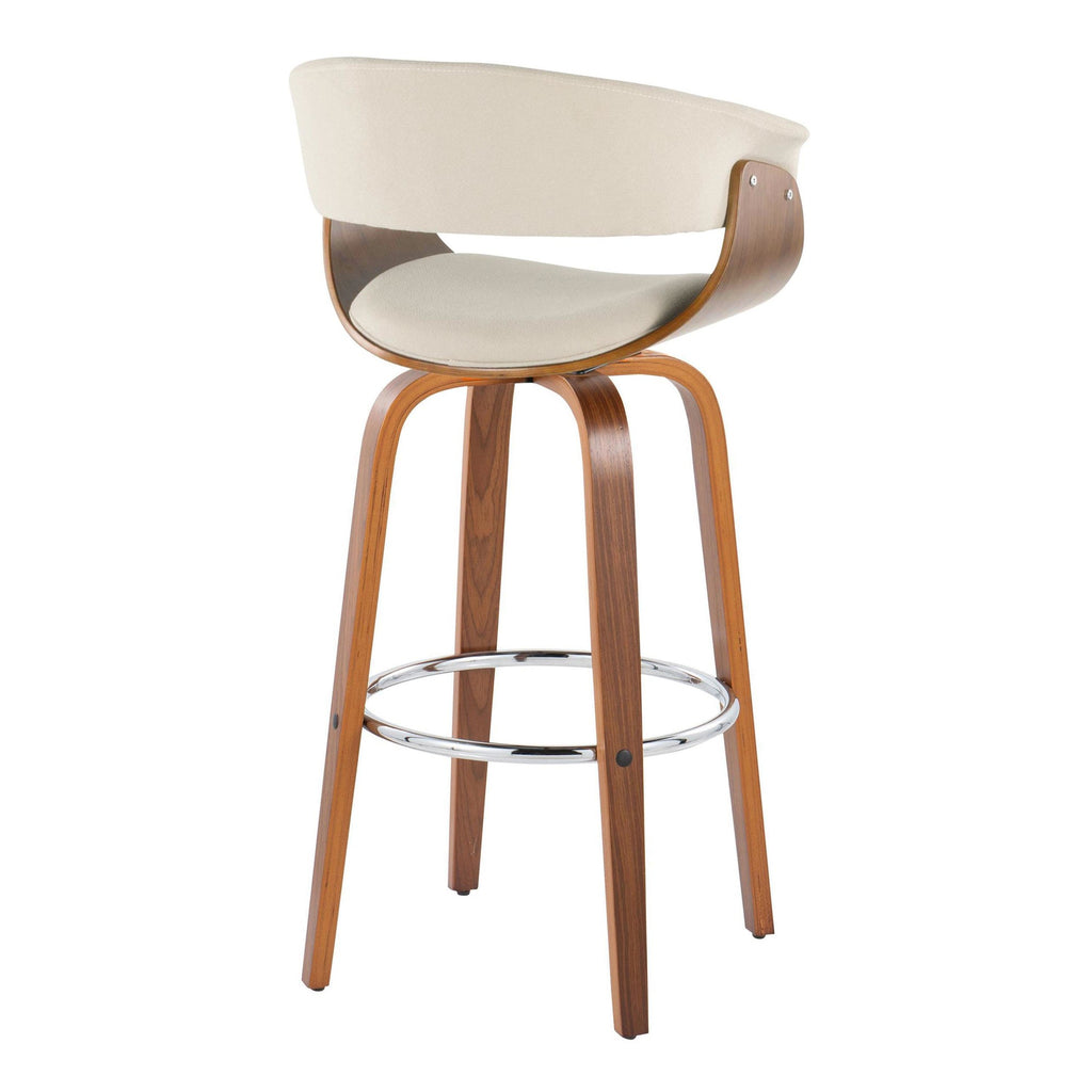 Vintage Mod 30" Fixed-Height Barstool - Set of 2 - Walnut Wood, Chrome Metal, Cream Fabric