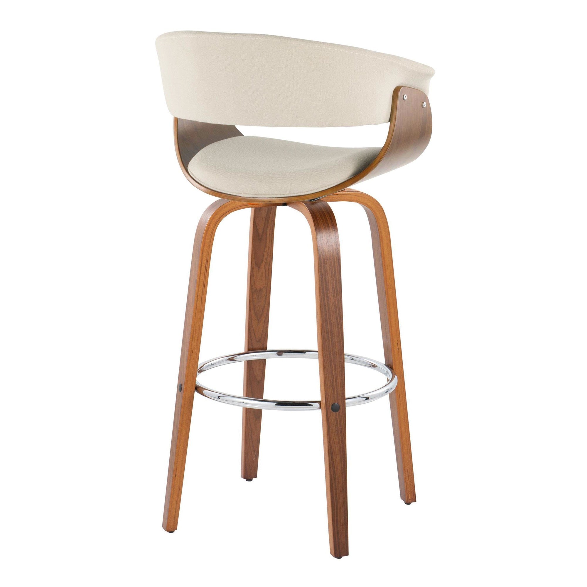Vintage Mod 30" Fixed-Height Barstool - Set of 2 - Walnut Wood, Chrome Metal, Cream Fabric