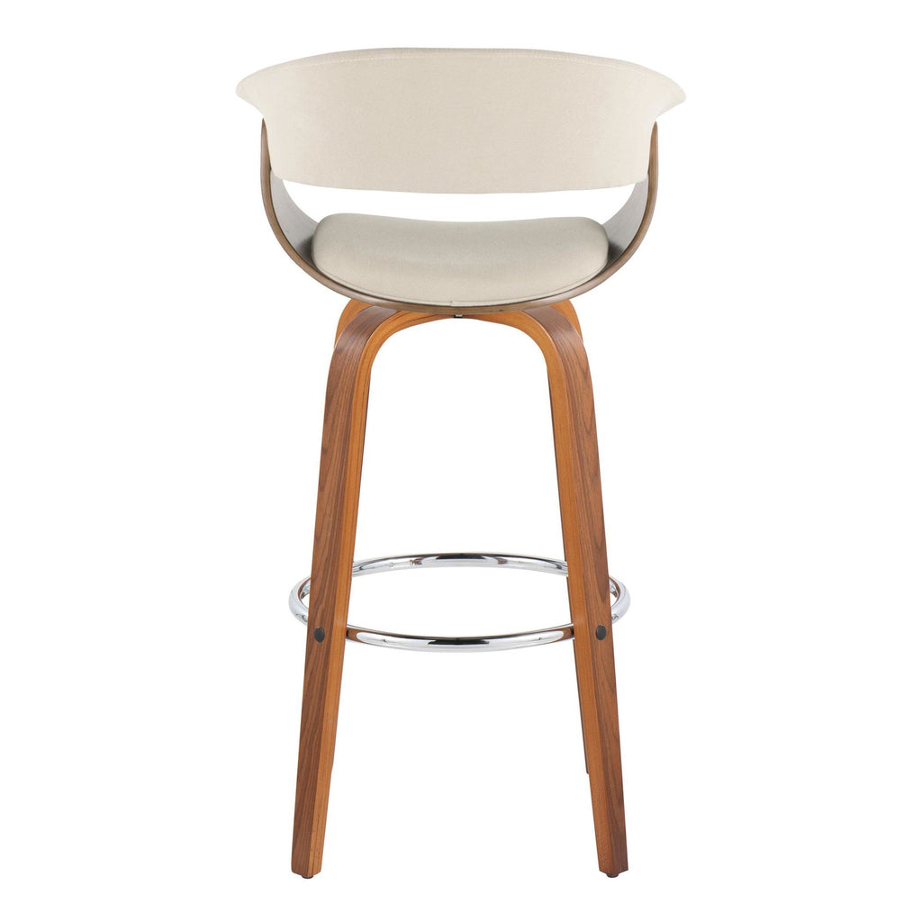 Vintage Mod 30" Fixed-Height Barstool - Set of 2 - Walnut Wood, Chrome Metal, Cream Fabric