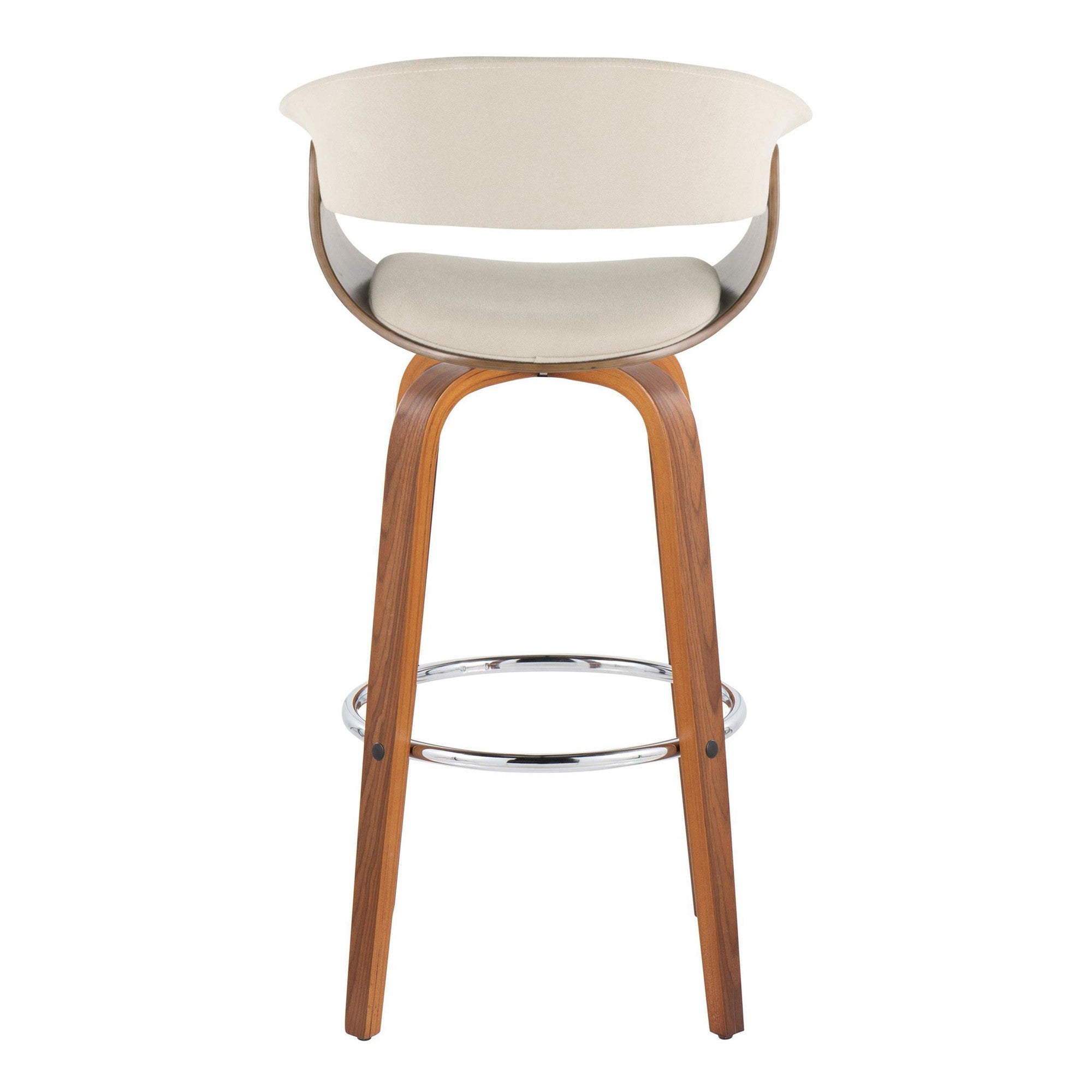 Vintage Mod 30" Fixed-Height Barstool - Set of 2 - Walnut Wood, Chrome Metal, Cream Fabric
