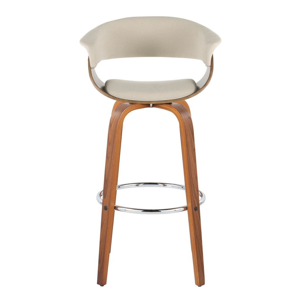 Vintage Mod 30" Fixed-Height Barstool - Set of 2 - Walnut Wood, Chrome Metal, Cream Fabric