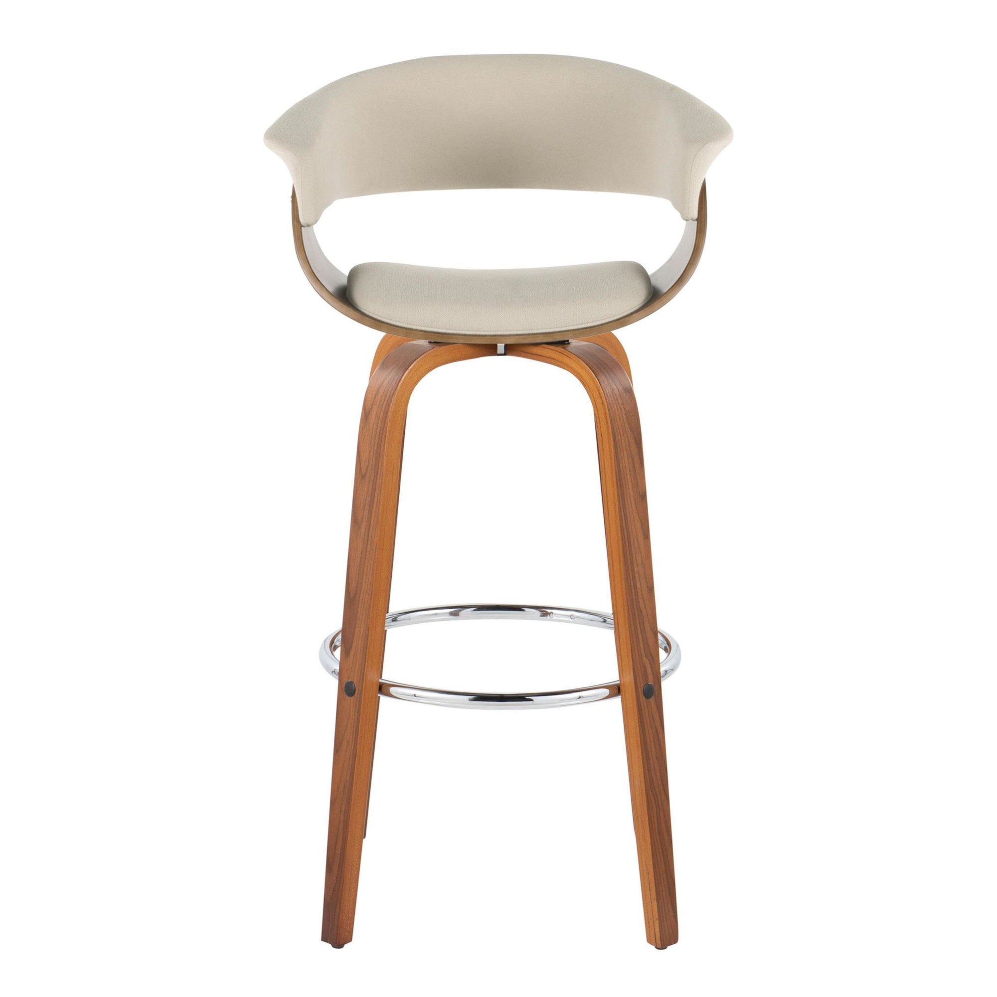 Vintage Mod 30" Fixed-Height Barstool - Set of 2 - Walnut Wood, Chrome Metal, Cream Fabric