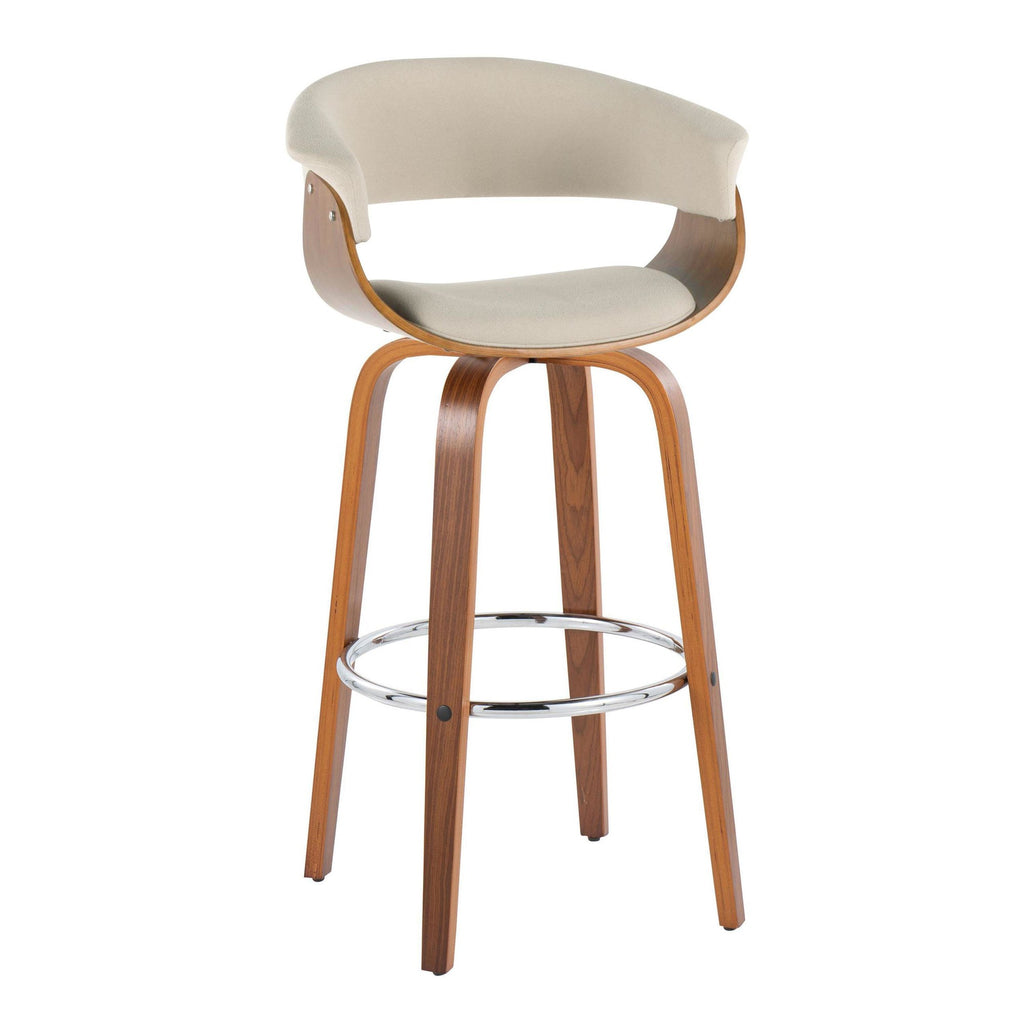Vintage Mod 30" Fixed-Height Barstool - Set of 2 - Walnut Wood, Chrome Metal, Cream Fabric